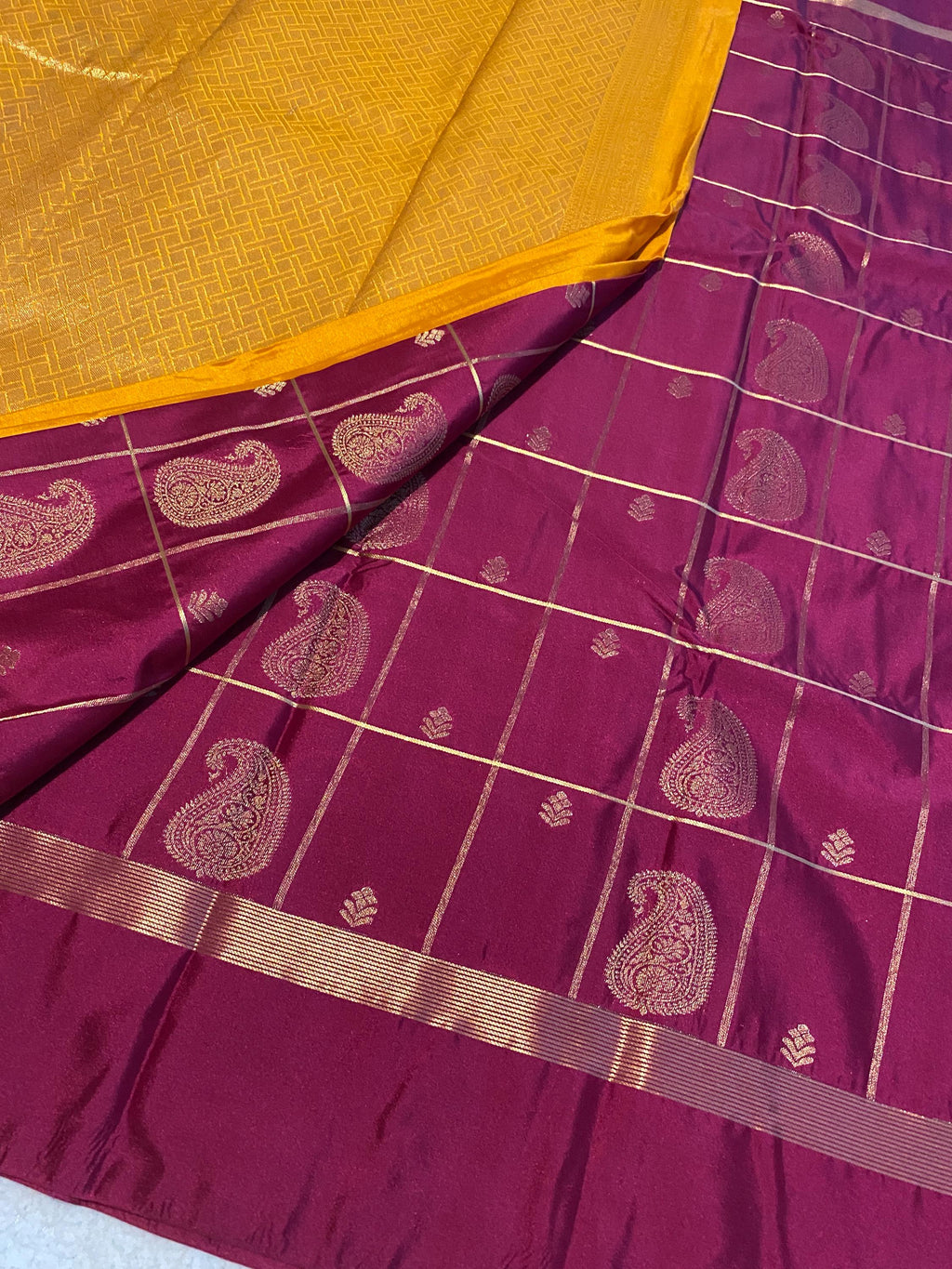 Deep Magenta Semi-Kanchipuram Silk Saree with Mustard Pallu