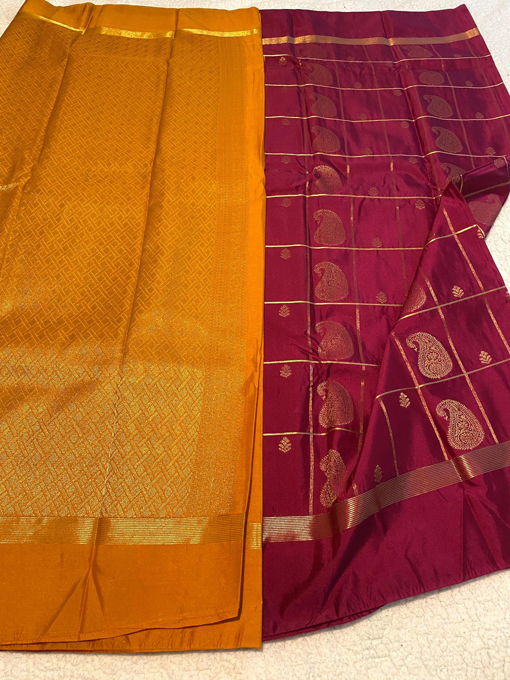 Deep Magenta Semi-Kanchipuram Silk Saree with Mustard Pallu