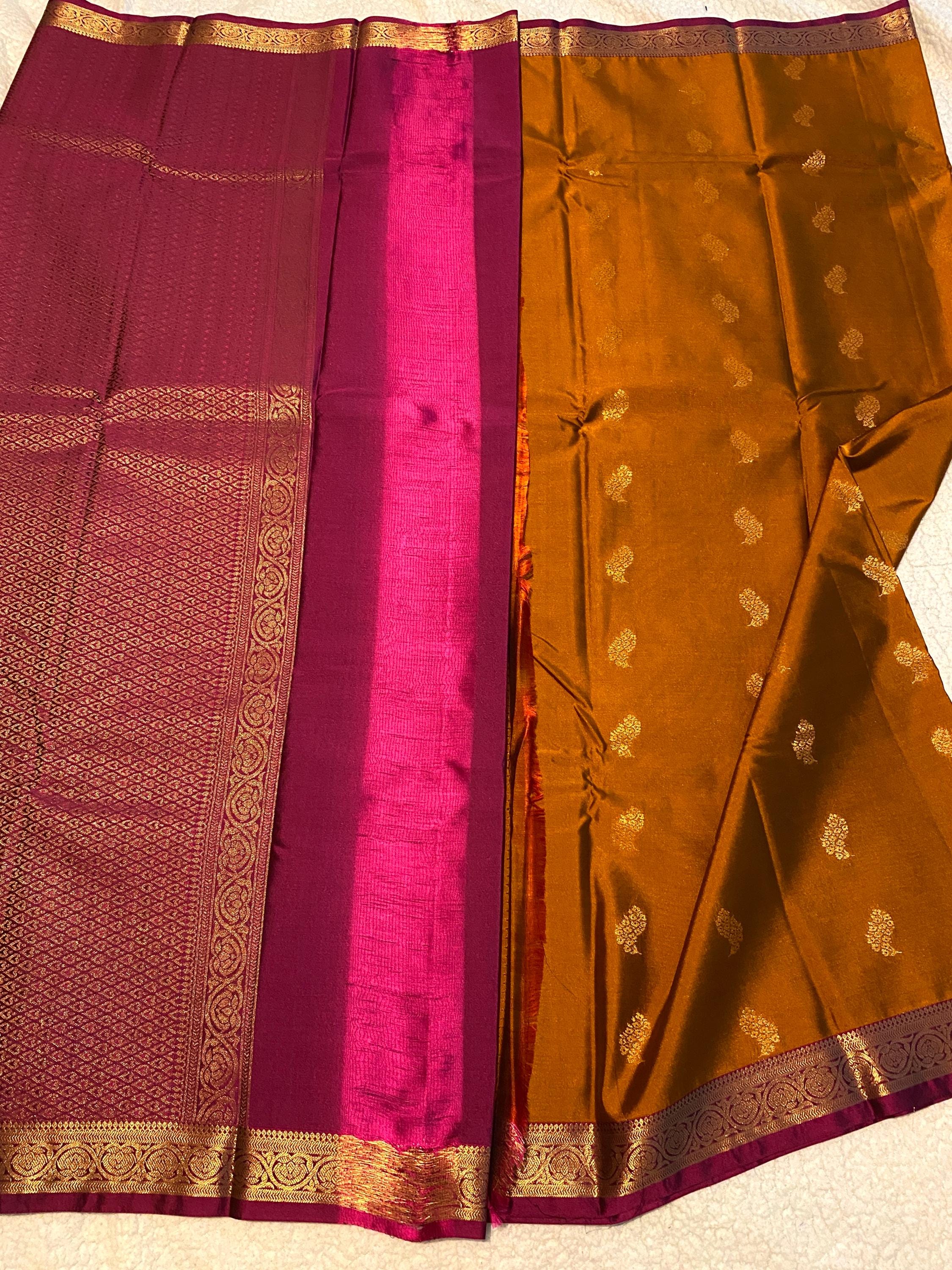 Golden Mustard Semi-Kanchipuram Silk Saree with Gold Zari Motifs & Magenta Border