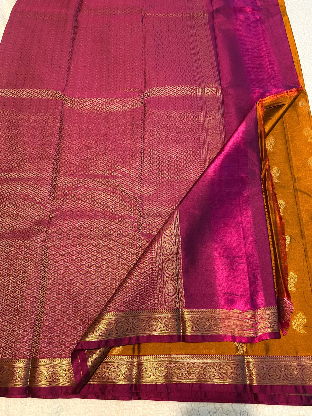 Golden Mustard Semi-Kanchipuram Silk Saree with Gold Zari Motifs & Magenta Border