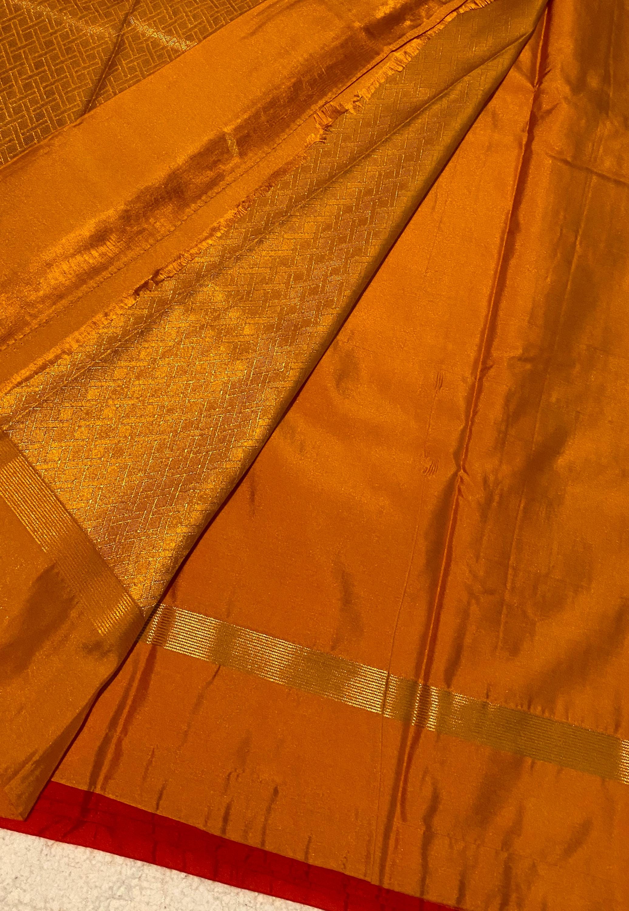 Reddish Orange Semi-Kanchipuram Silk Saree with Rich Mustard Pallu and Zari Butta | Traditional Indian Silk Saree | UK Seller