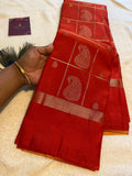 Reddish Orange Semi-Kanchipuram Silk Saree with Rich Mustard Pallu and Zari Butta | Traditional Indian Silk Saree | UK Seller