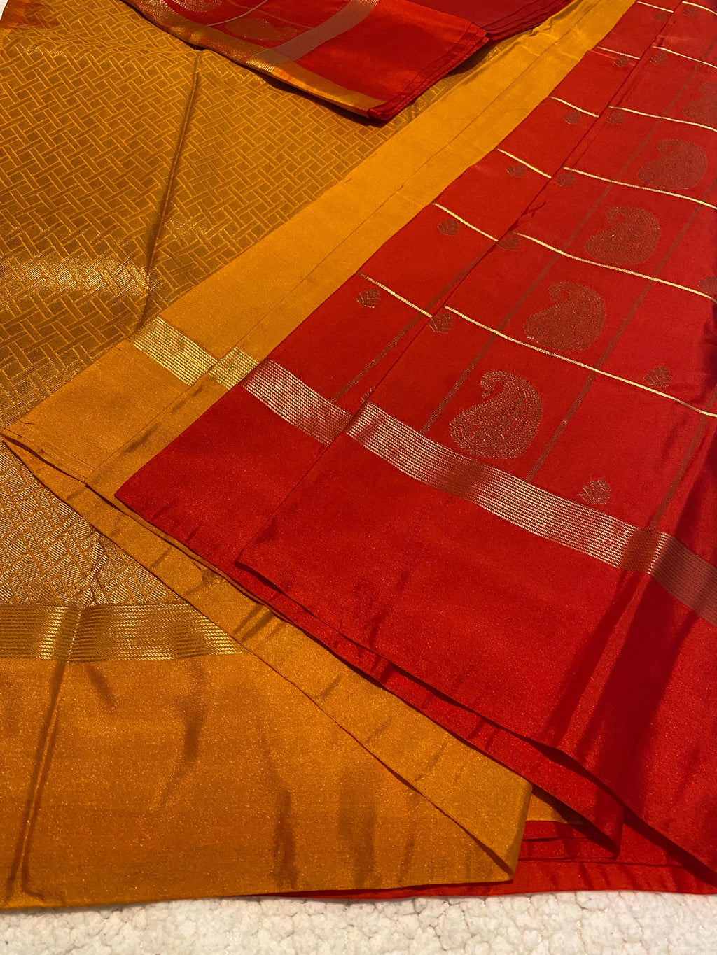 Reddish Orange Semi-Kanchipuram Silk Saree with Rich Mustard Pallu and Zari Butta | Traditional Indian Silk Saree | UK Seller
