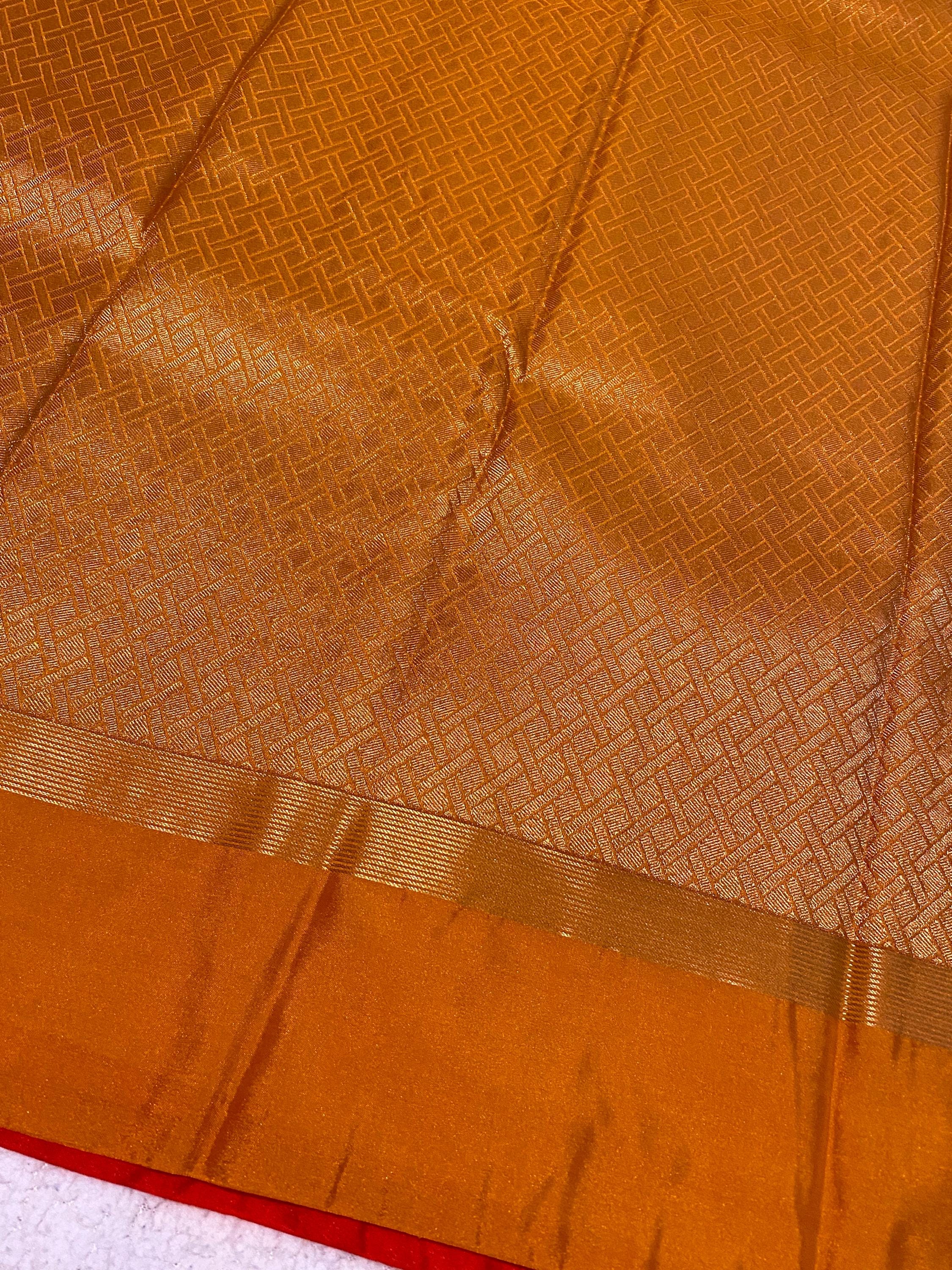 Reddish Orange Semi-Kanchipuram Silk Saree with Rich Mustard Pallu and Zari Butta | Traditional Indian Silk Saree | UK Seller