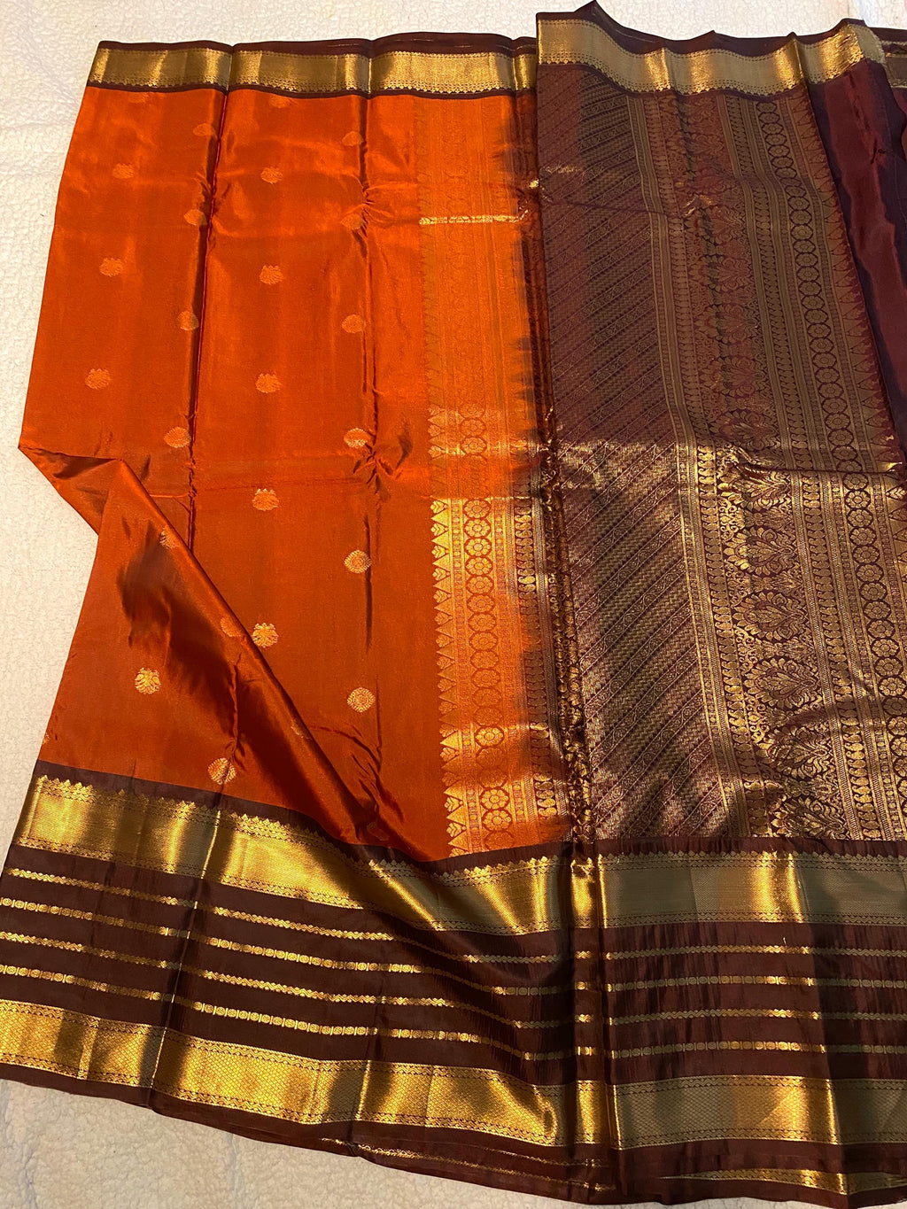Premium Rust Orange Semi-Kanchipuram Silk Saree with Chocolate Brown Border