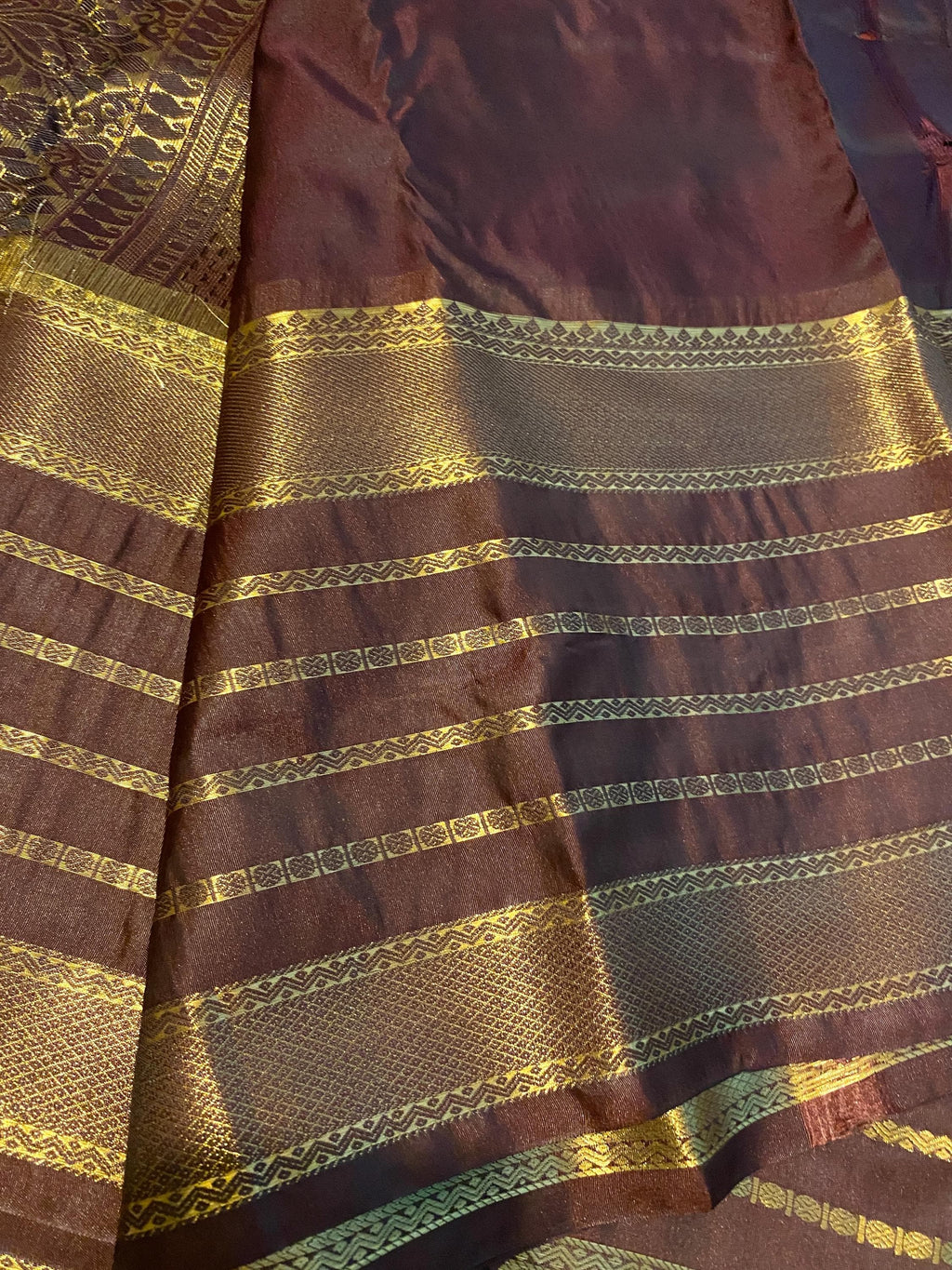 Premium Rust Orange Semi-Kanchipuram Silk Saree with Chocolate Brown Border