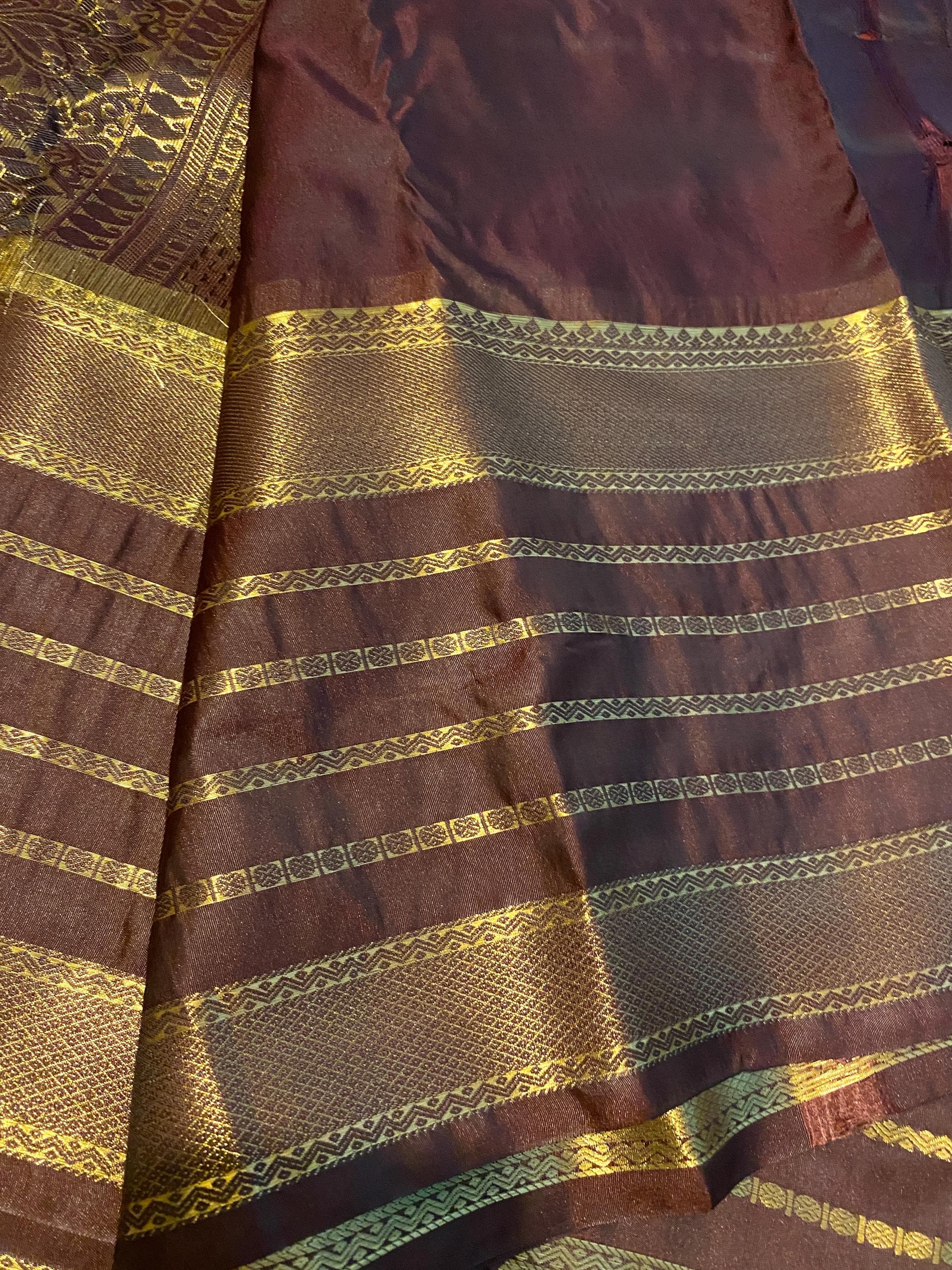 Premium Rust Orange Semi-Kanchipuram Silk Saree with Chocolate Brown Border