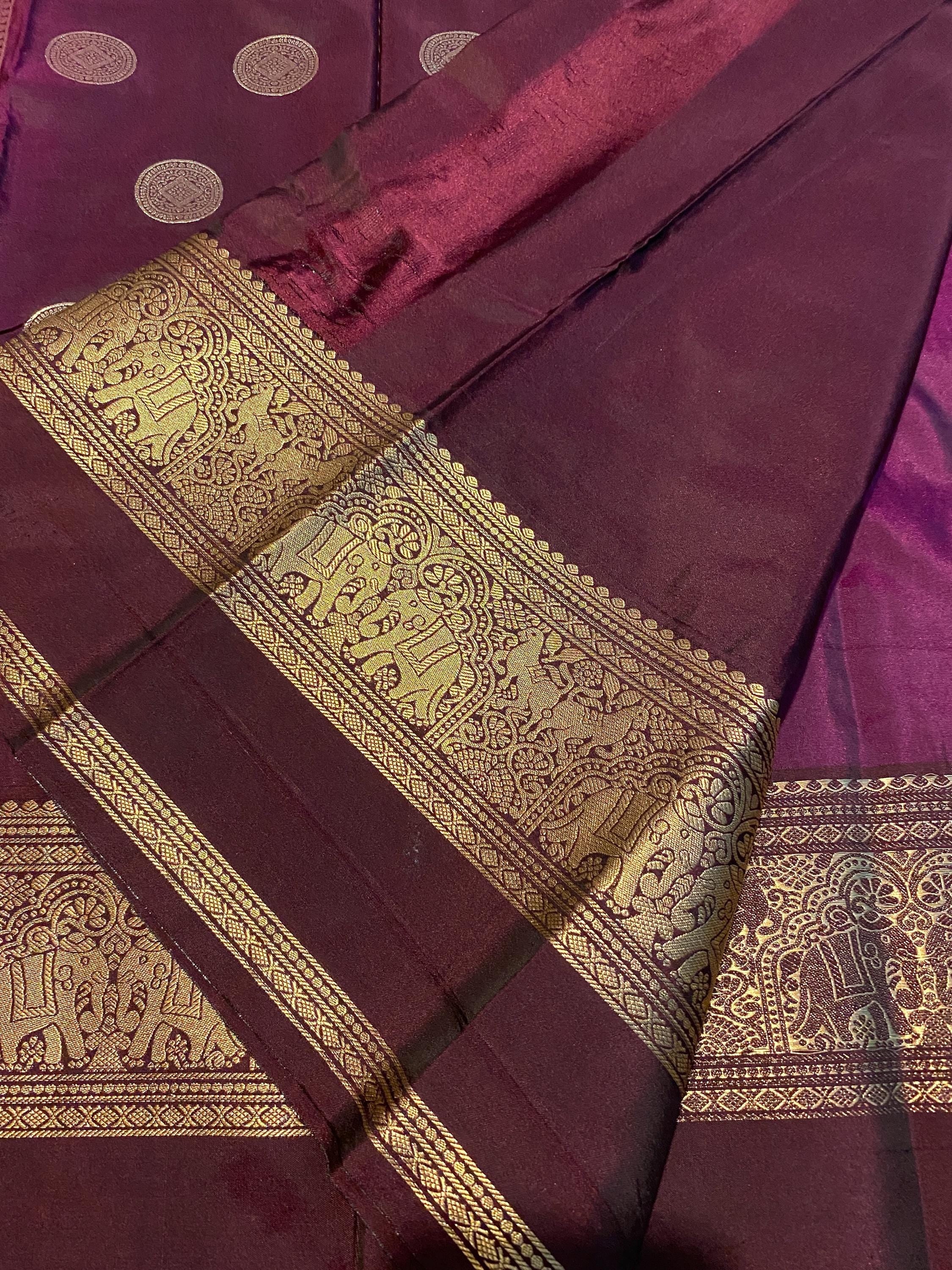 Rich Purple ( Brinjal) Semi-Kanchipuram Silk Saree with Deep Wine Border