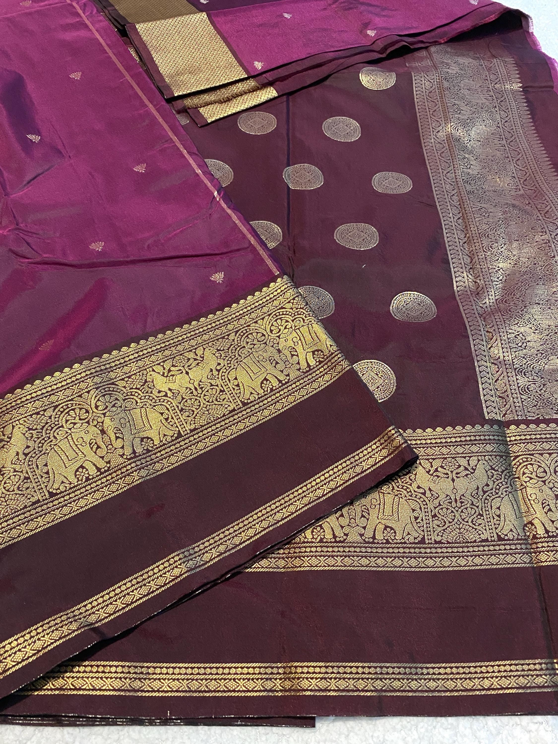 Rich Purple ( Brinjal) Semi-Kanchipuram Silk Saree with Deep Wine Border