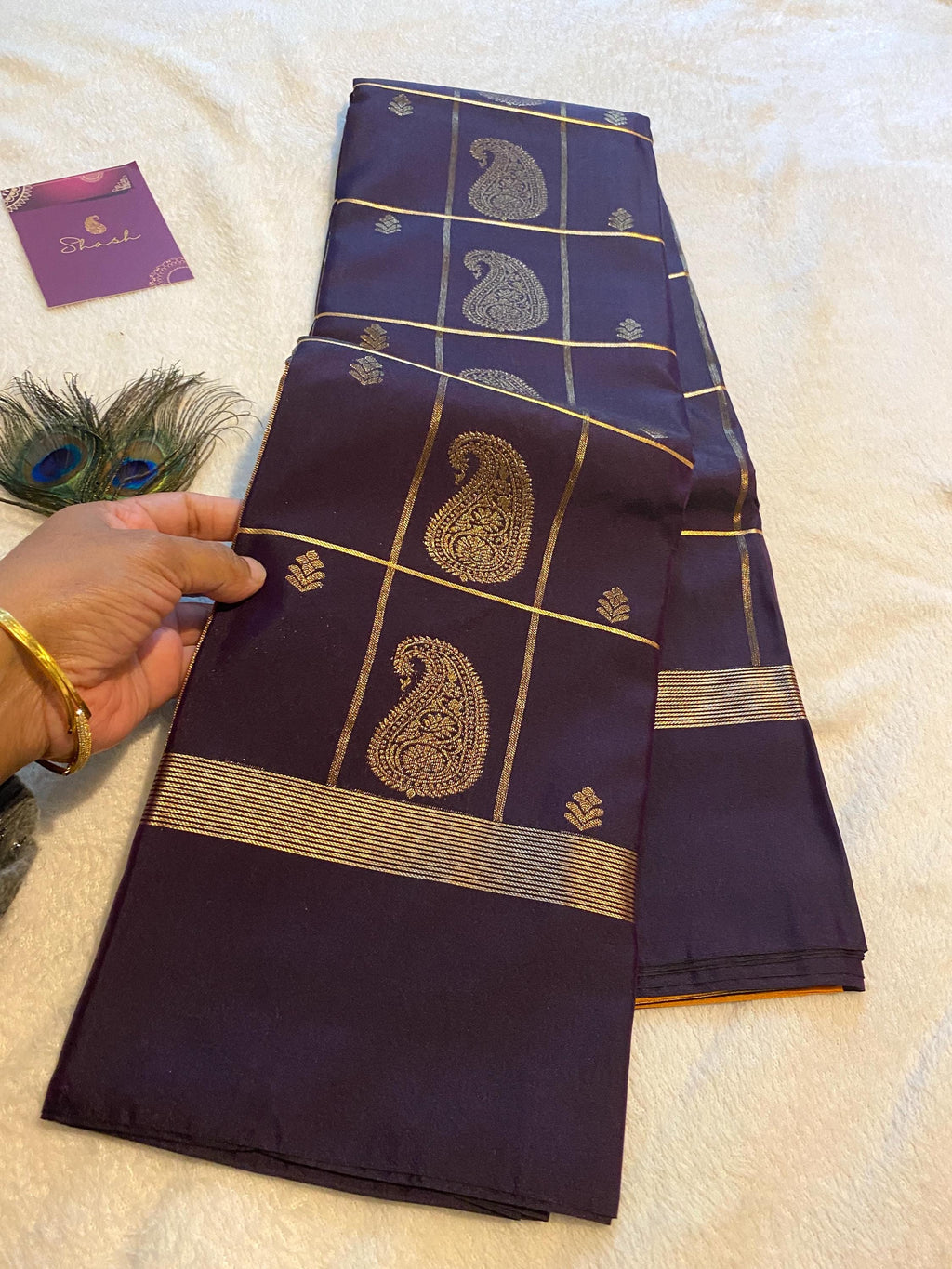 Deep Plum Purple Semi-Kanchipuram Silk Saree with Mustard Pallu