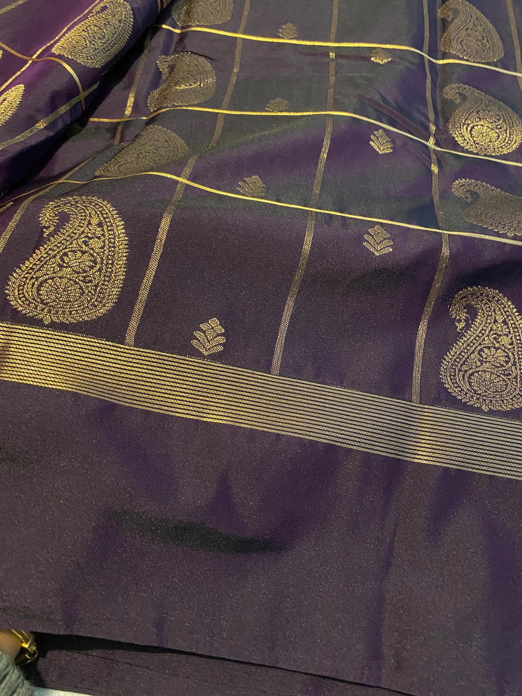 Deep Plum Purple Semi-Kanchipuram Silk Saree with Mustard Pallu