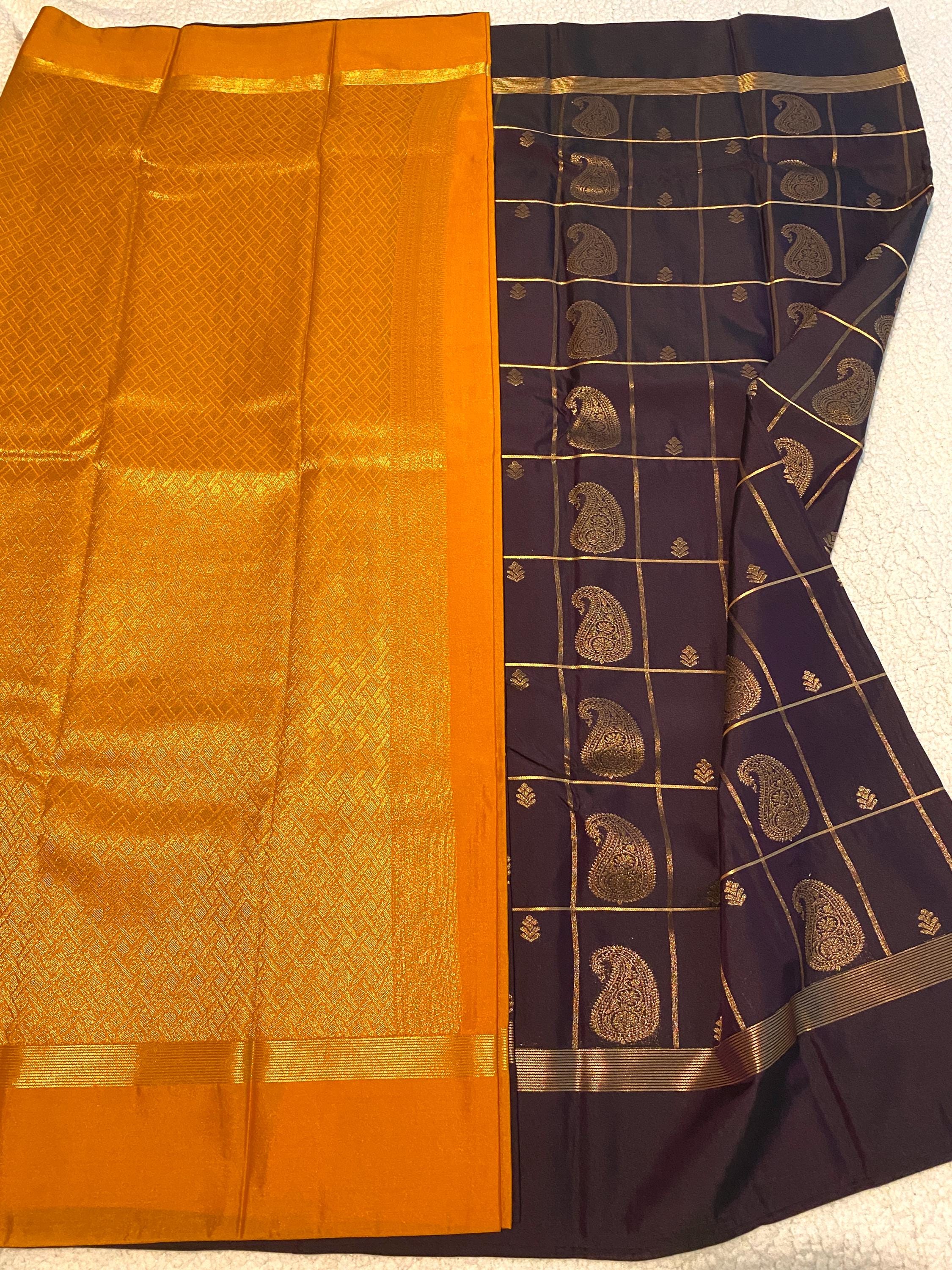 Deep Plum Purple Semi-Kanchipuram Silk Saree with Mustard Pallu