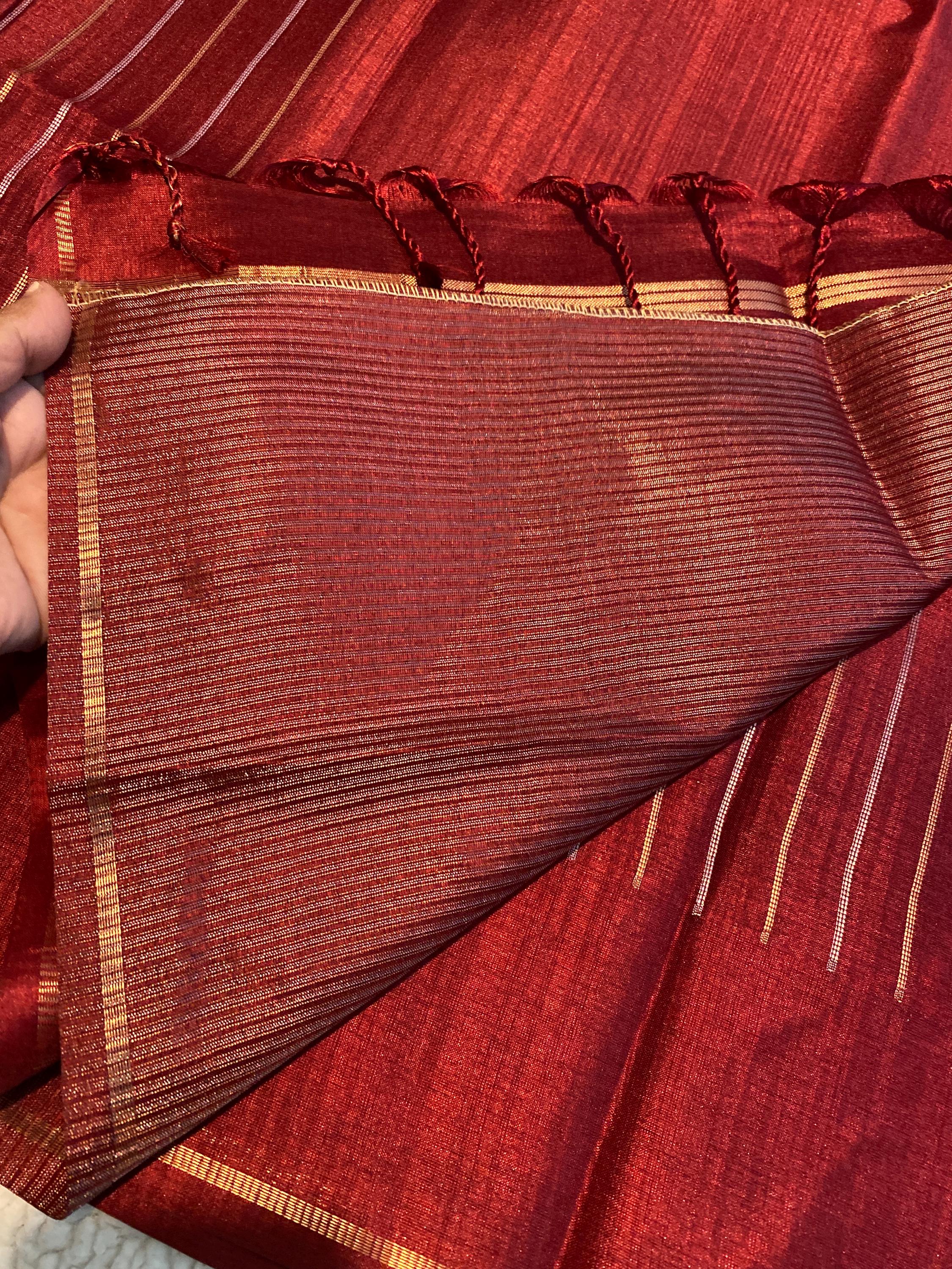 Premium Maroon Semi-Tussar Silk Saree  | Silver & Gold Zari Vaira Oosi Weaving
