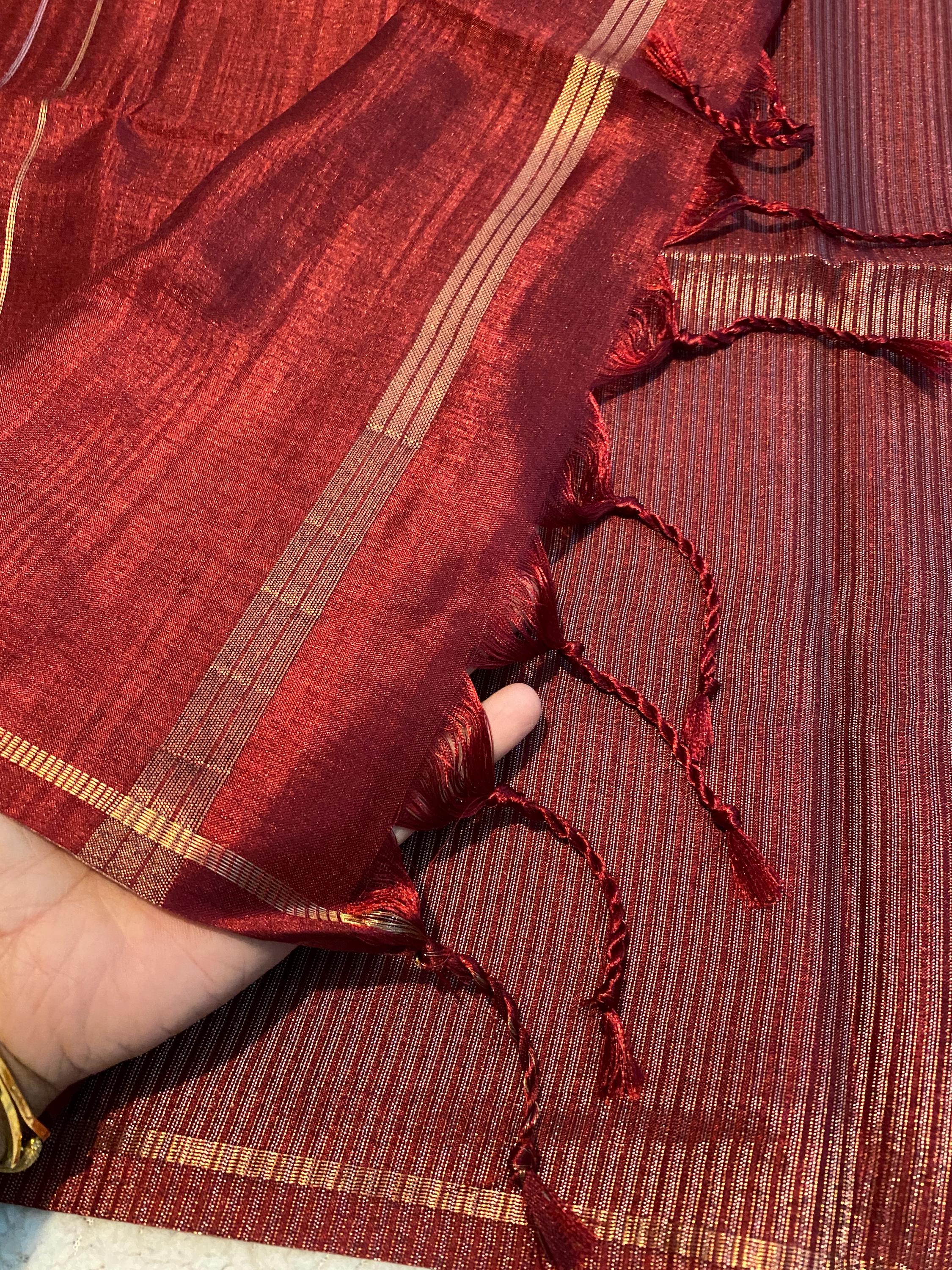 Premium Maroon Semi-Tussar Silk Saree  | Silver & Gold Zari Vaira Oosi Weaving