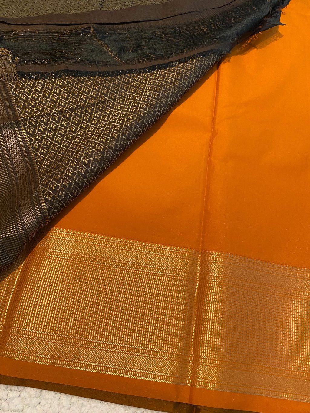 Chocolate Brown and Mustard Gold Semi-Kanchipuram Silk Saree