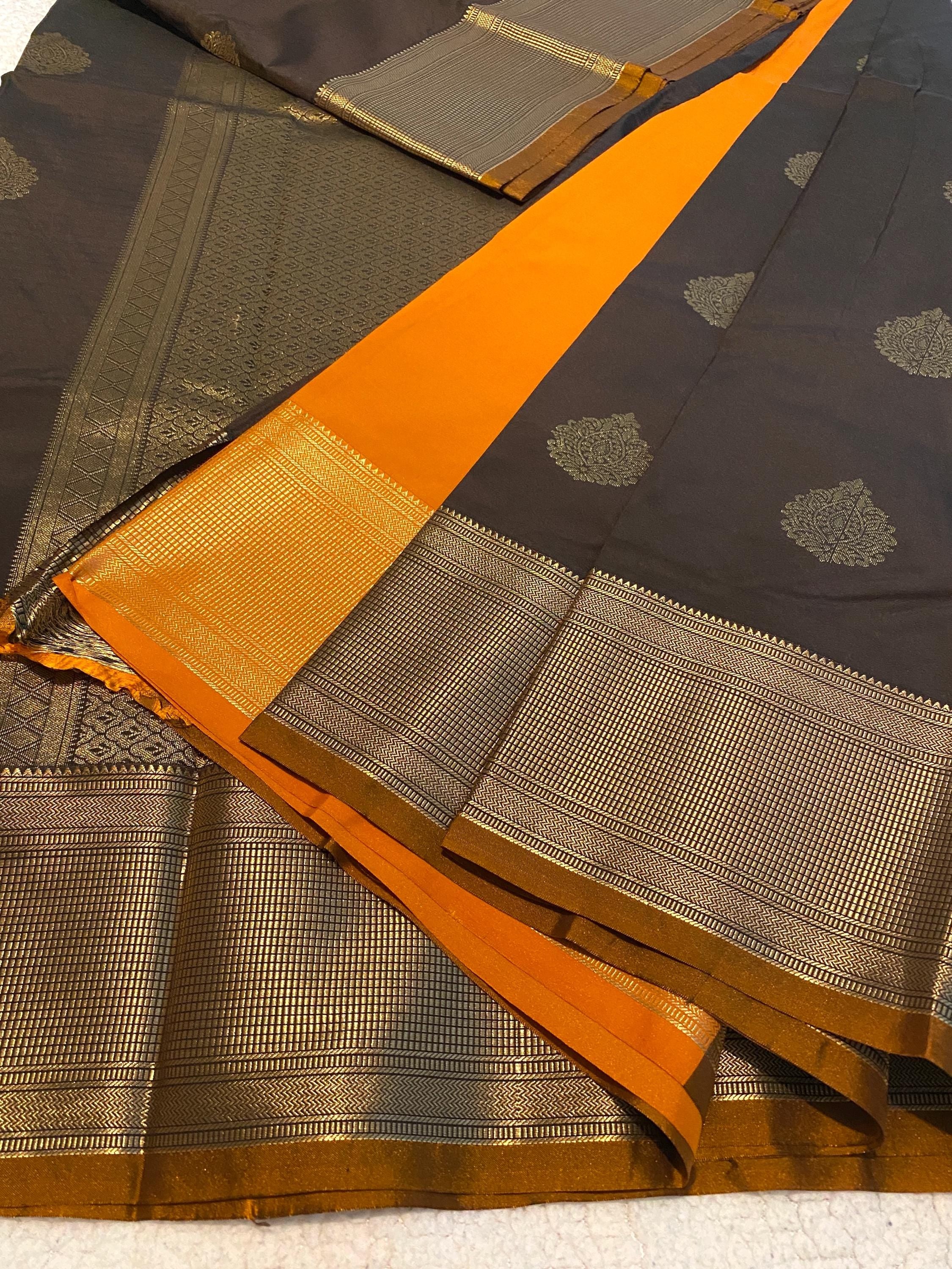 Chocolate Brown and Mustard Gold Semi-Kanchipuram Silk Saree