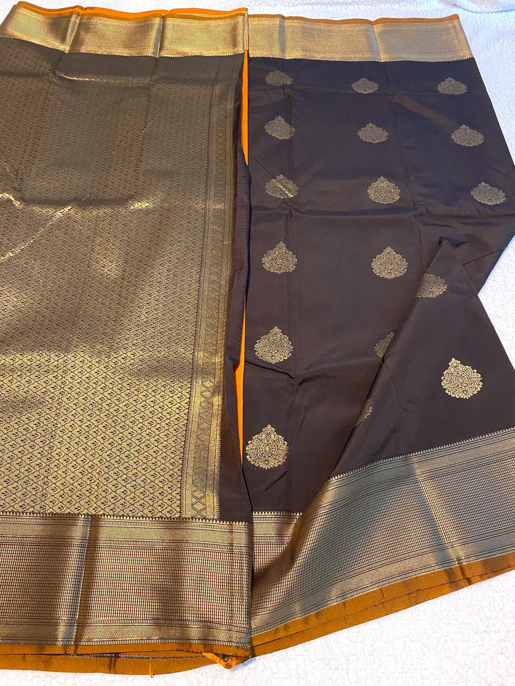 Chocolate Brown and Mustard Gold Semi-Kanchipuram Silk Saree