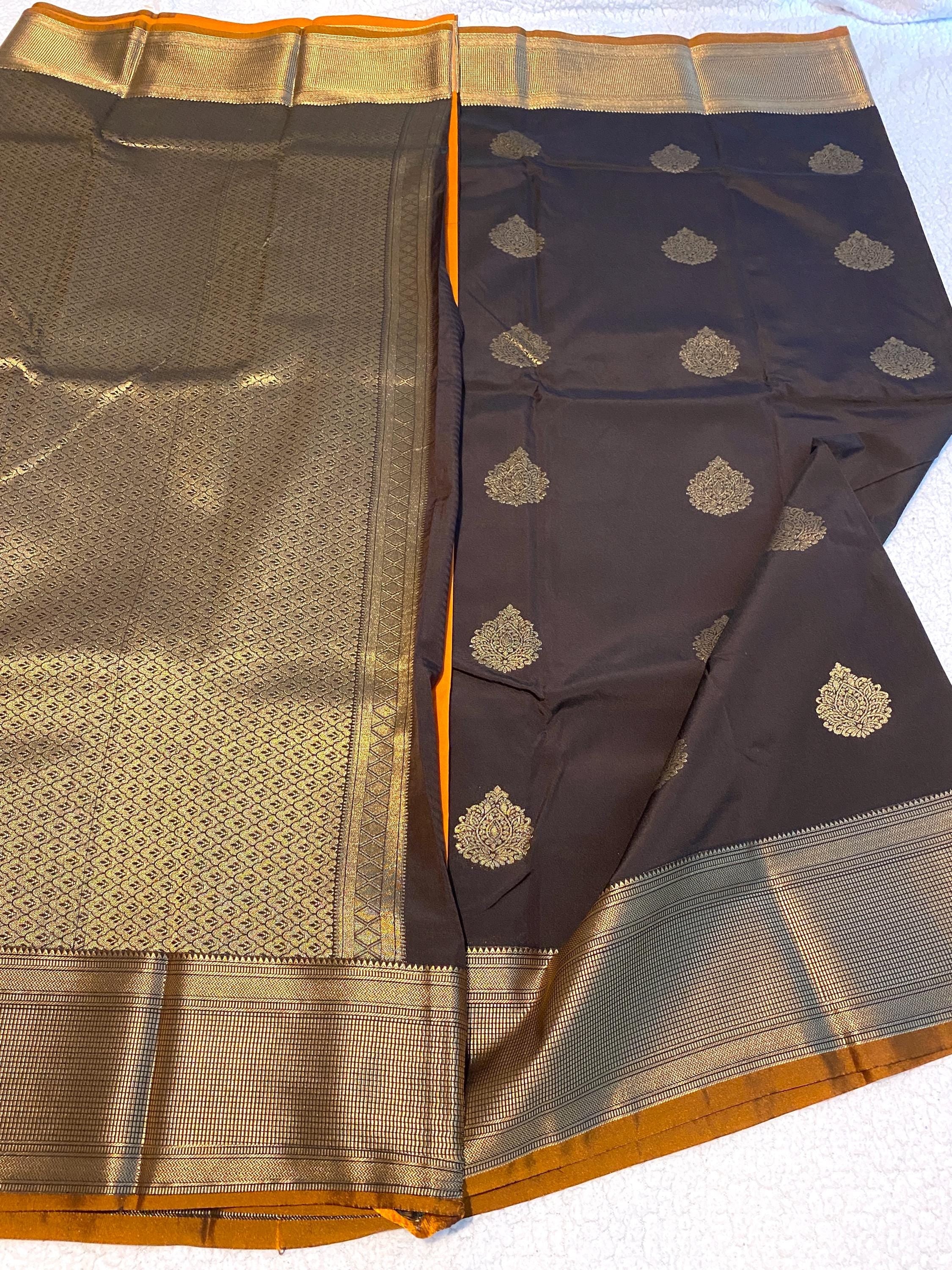 Chocolate Brown and Mustard Gold Semi-Kanchipuram Silk Saree