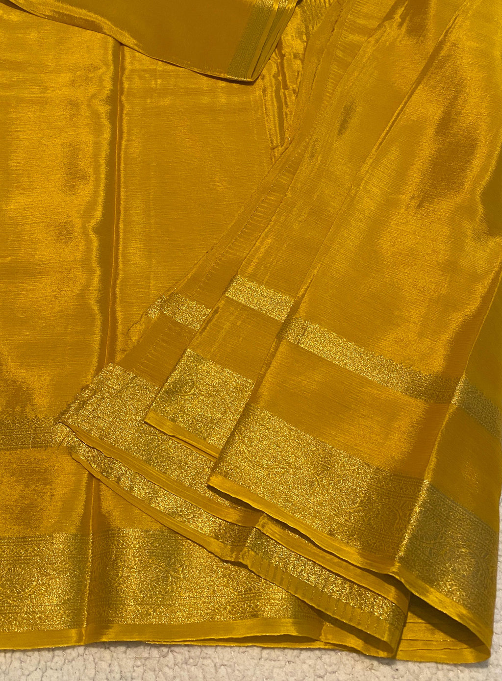 Mustard Satin Crush Saree with Floral Blouse