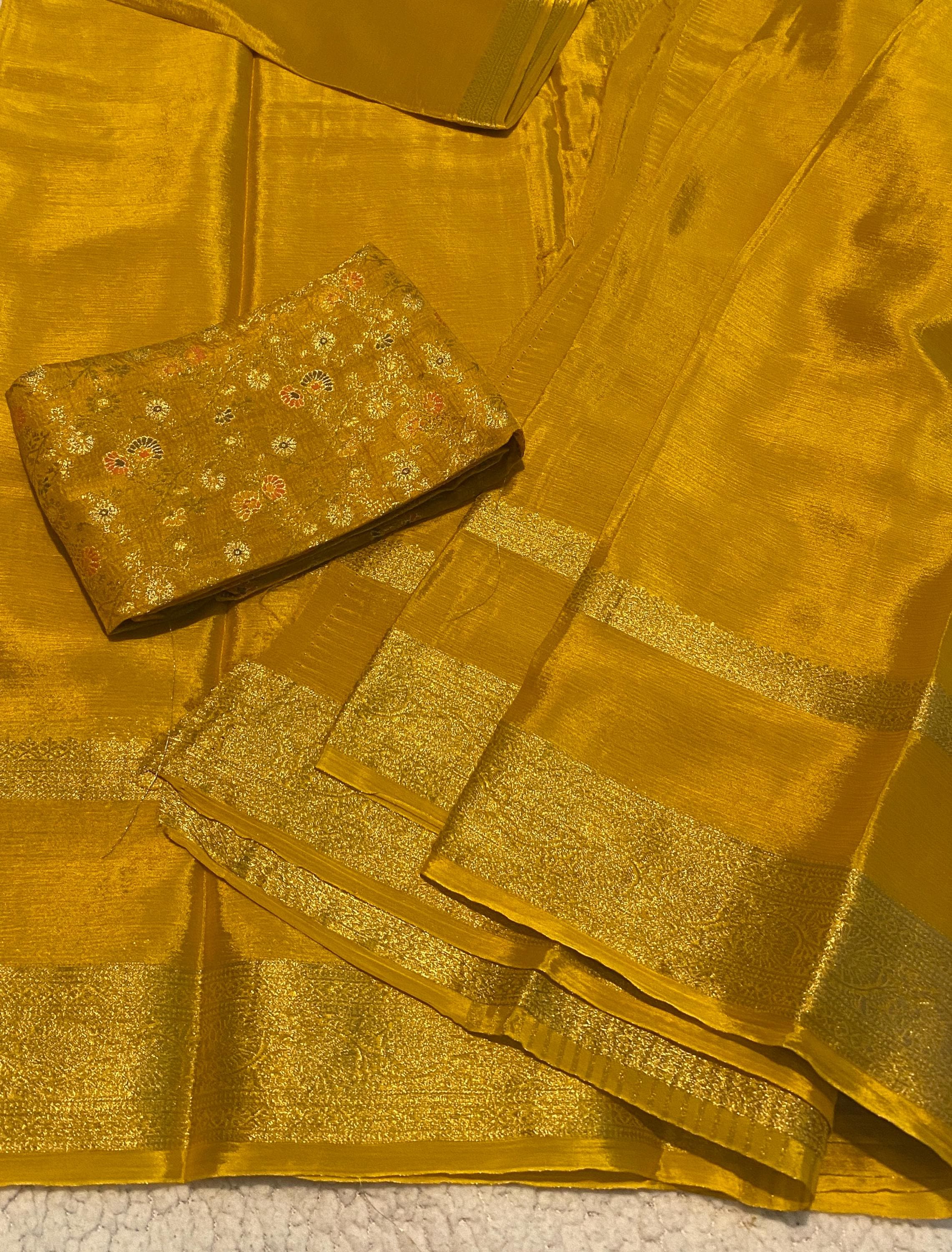 Mustard Satin Crush Saree with Floral Blouse