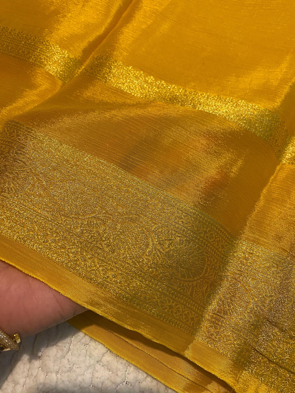 Mustard Satin Crush Saree with Floral Blouse