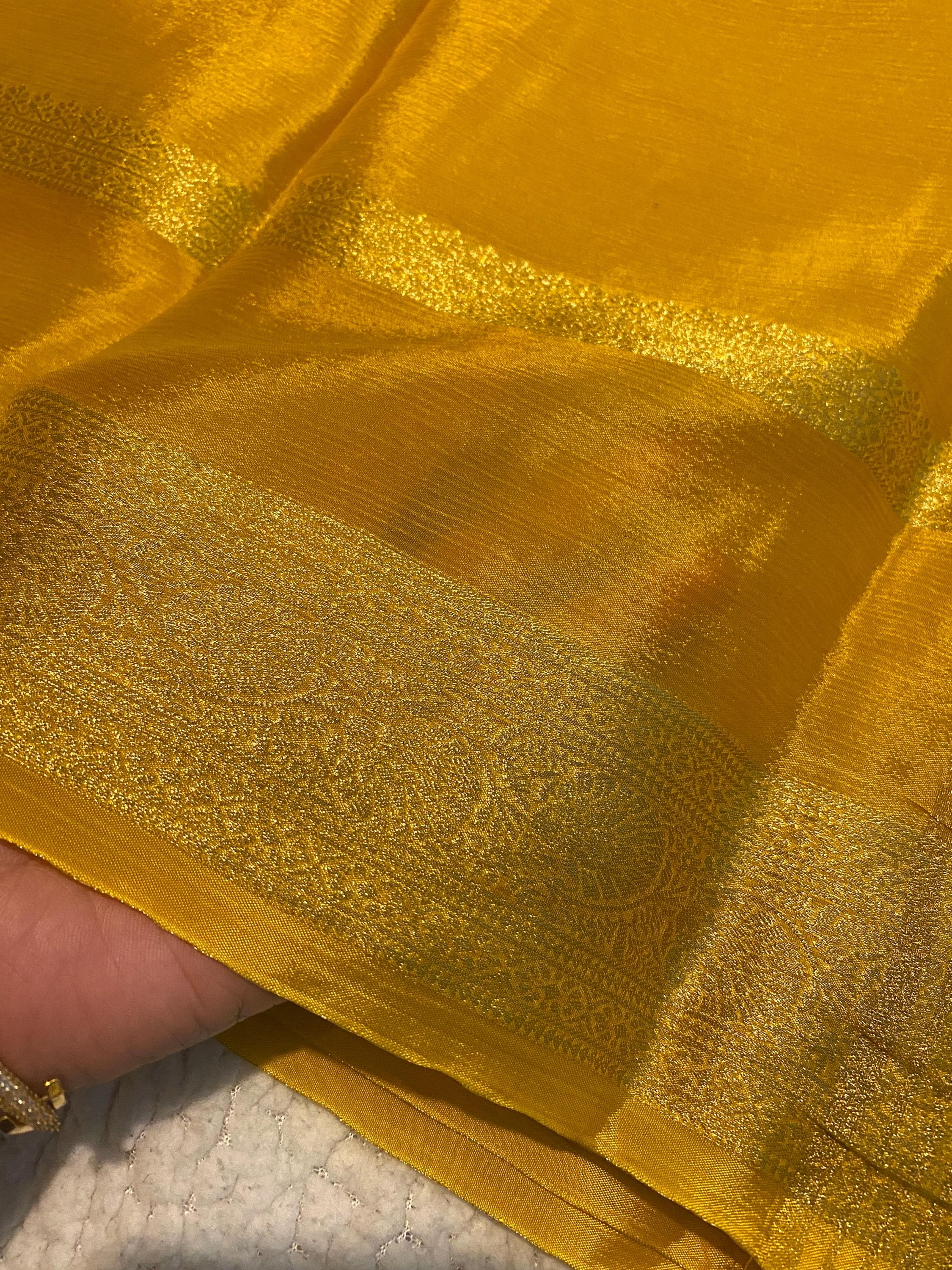 Mustard Satin Crush Saree with Floral Blouse