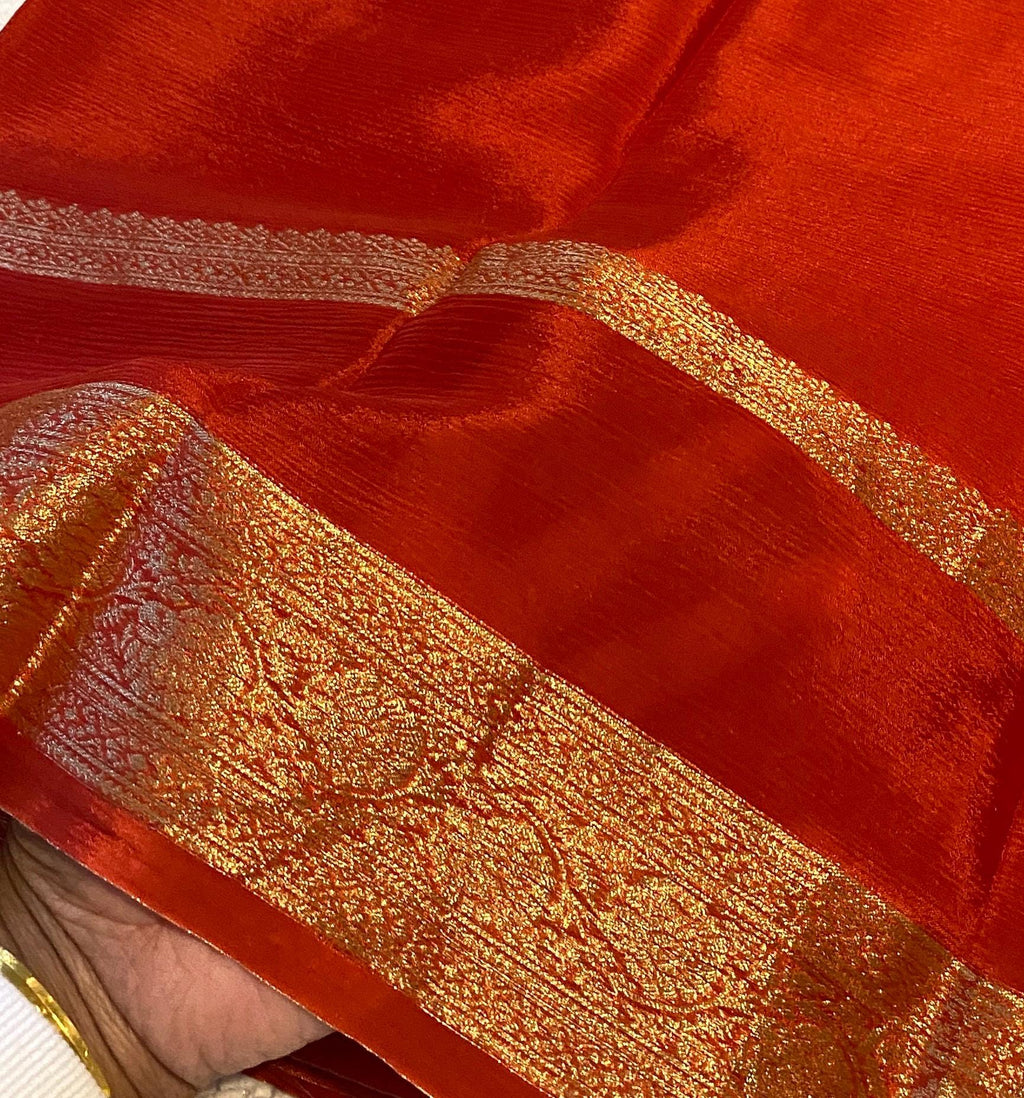 Reddish Orange Satin Crush Saree with Floral Blouse