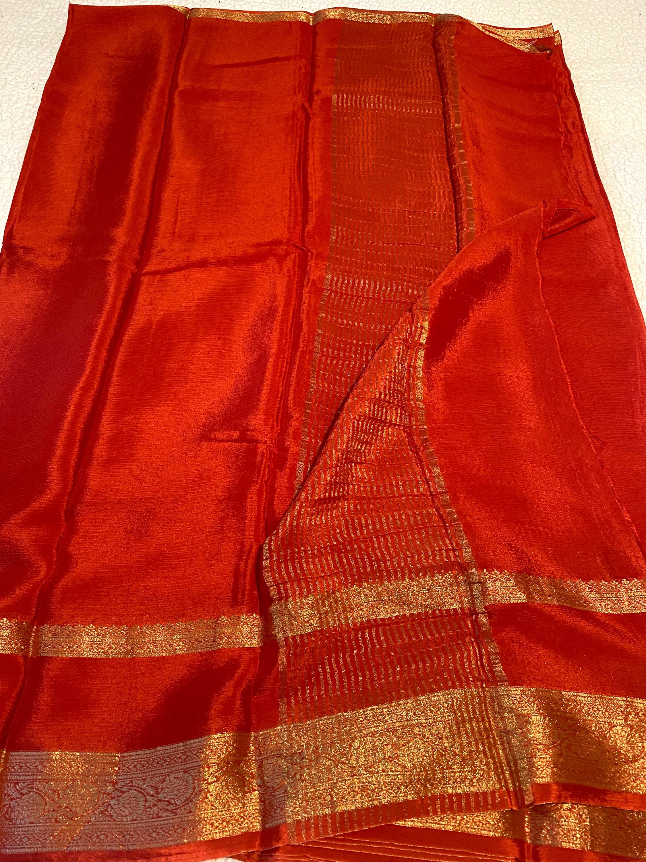 Reddish Orange Satin Crush Saree with Floral Blouse