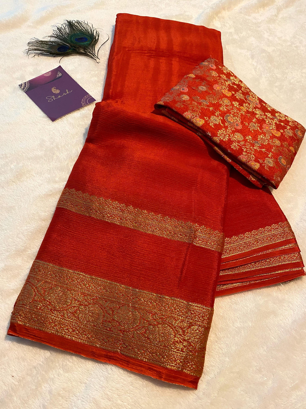 Reddish Orange Satin Crush Saree with Floral Blouse