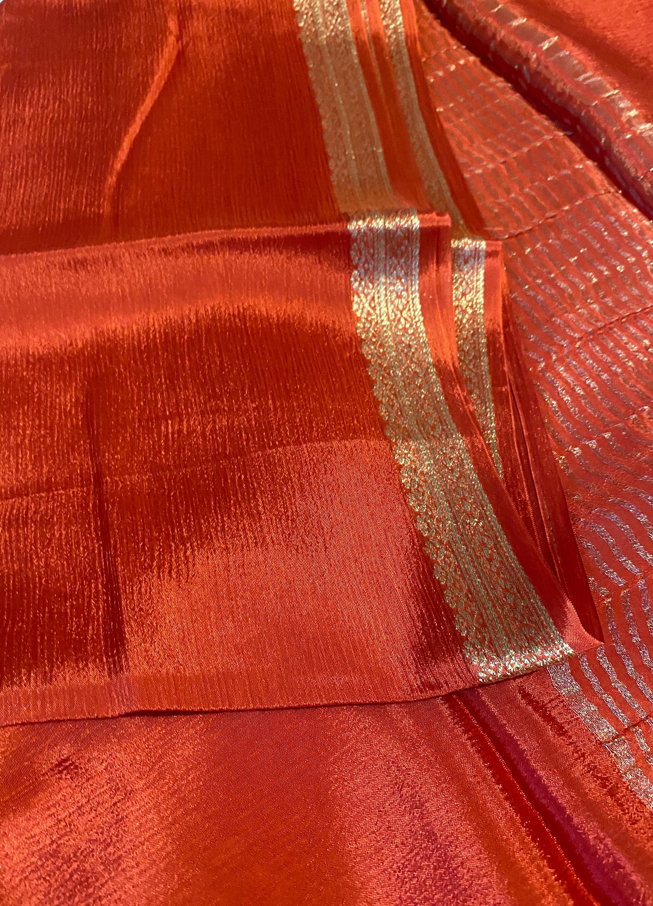 Reddish Orange Satin Crush Saree with Floral Blouse