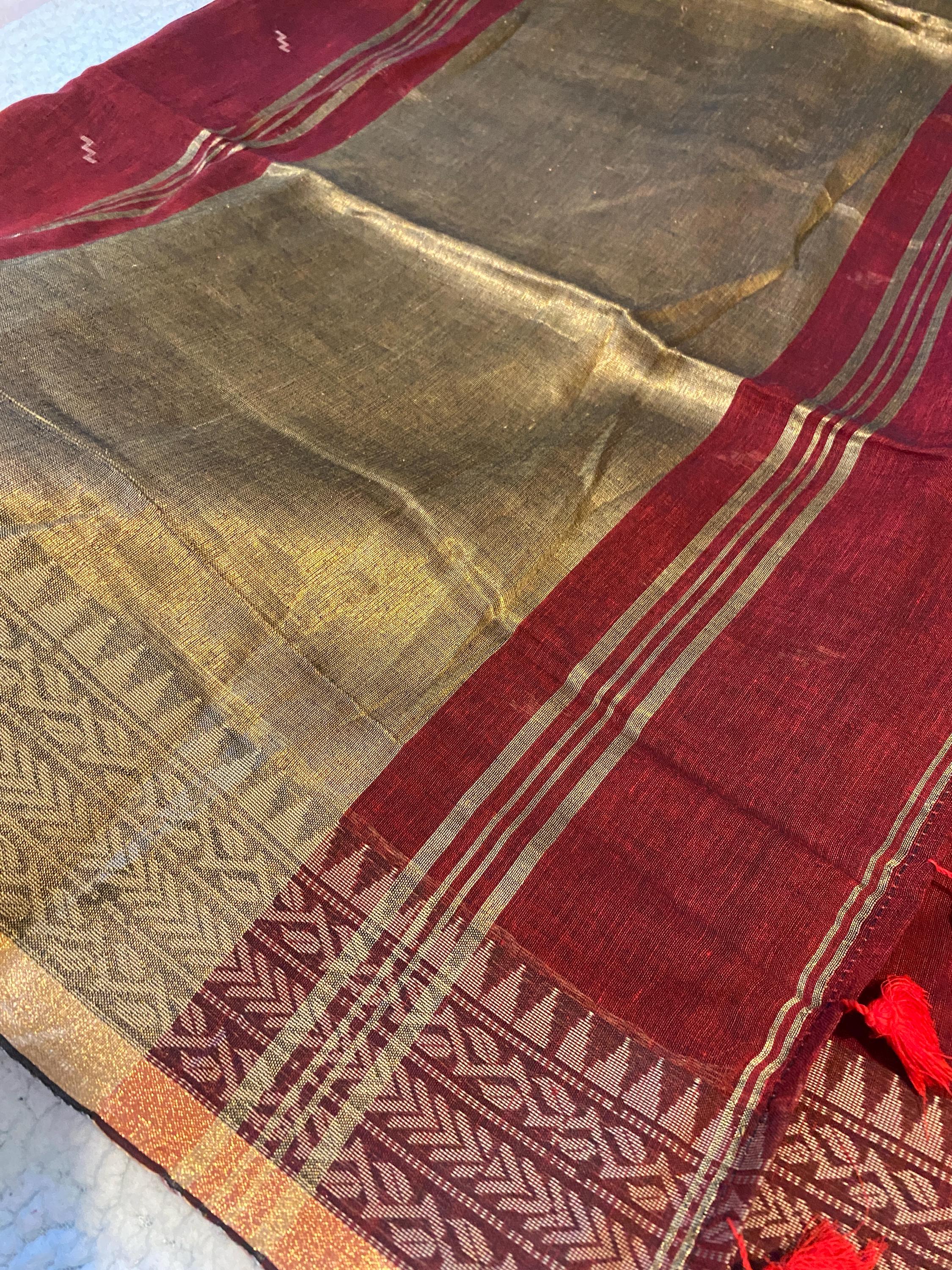 Rusty Maroon Cotton Saree with Subtle Gold Border