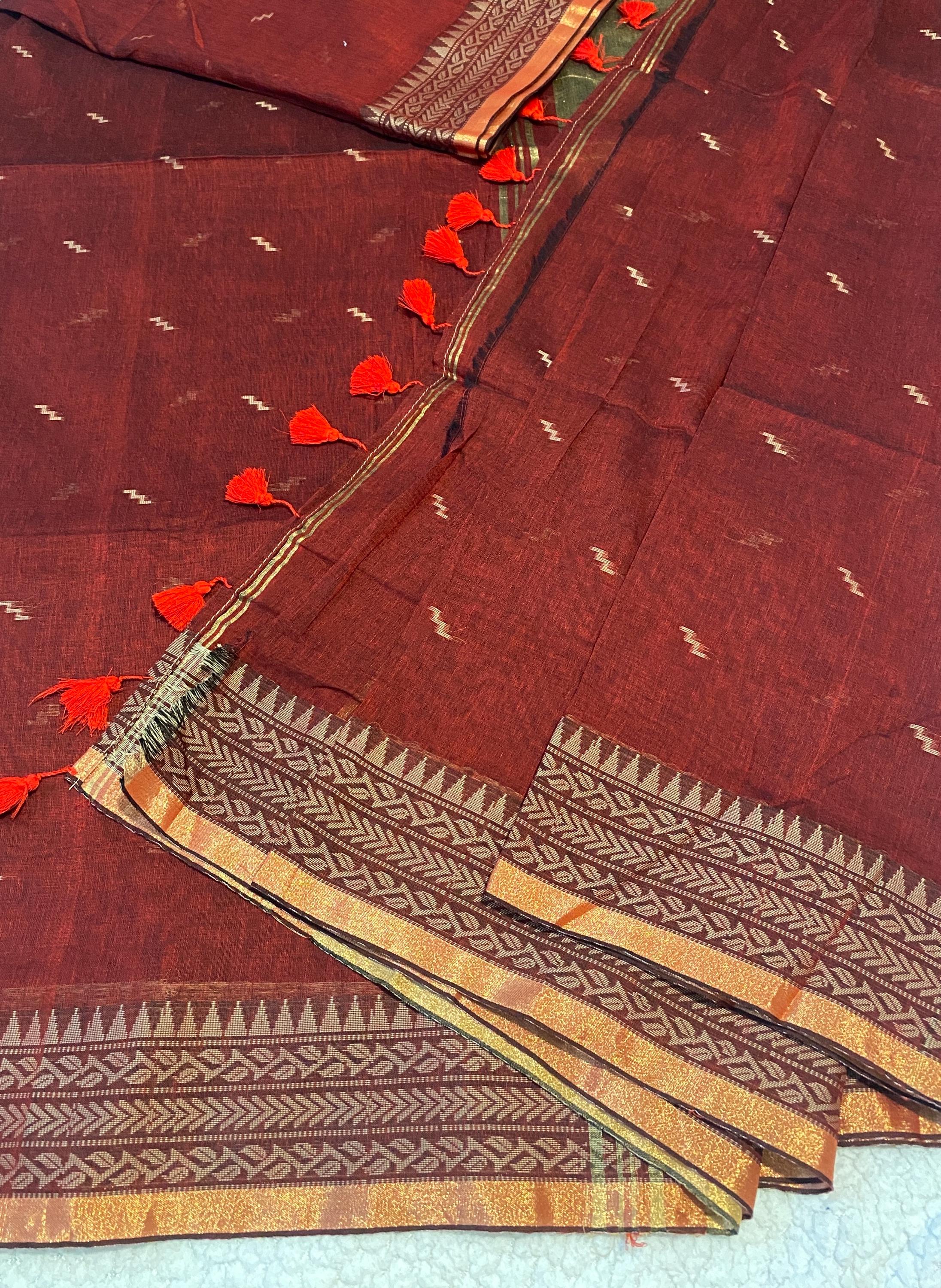 Rusty Maroon Cotton Saree with Subtle Gold Border