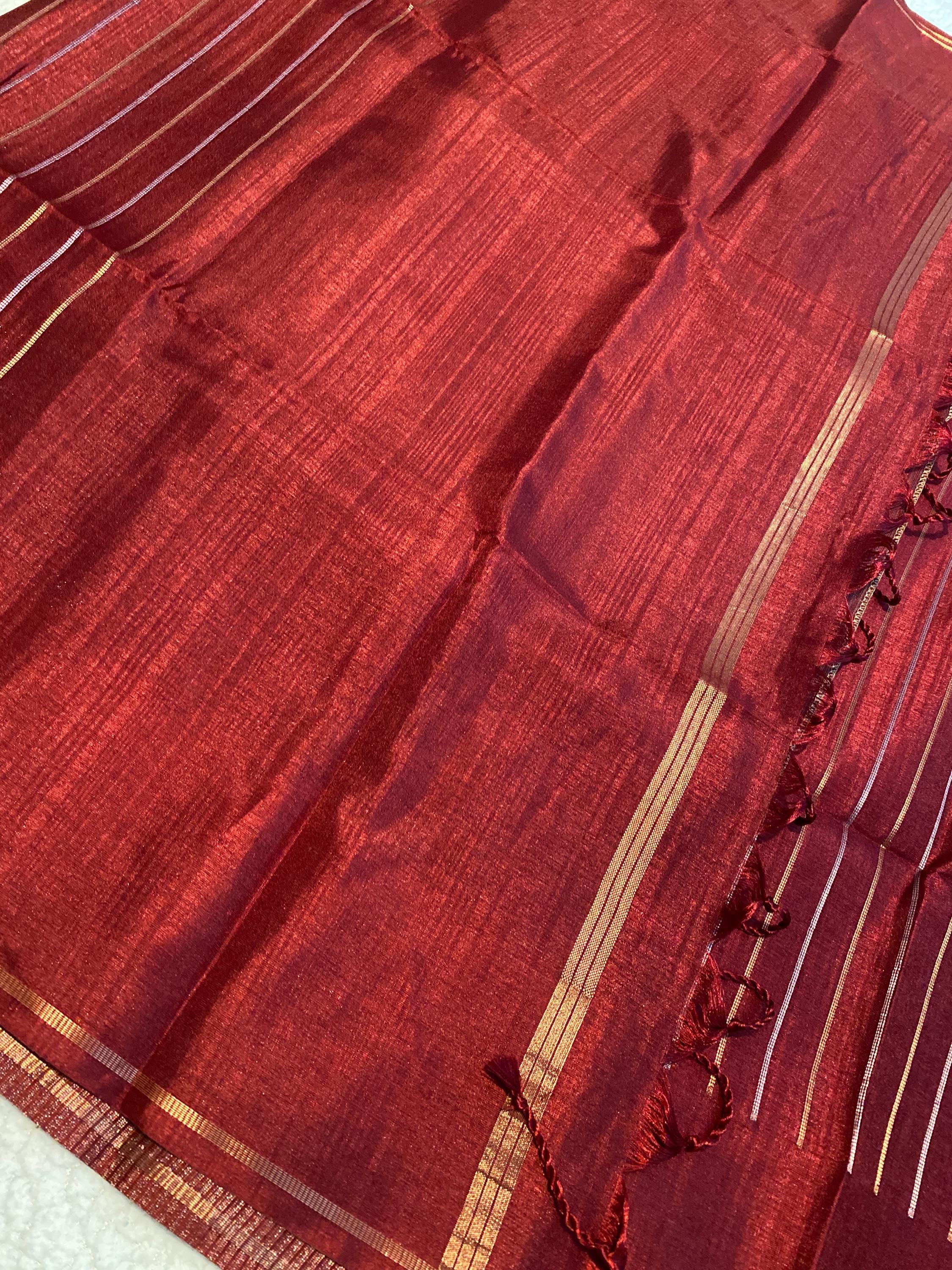 Premium Maroon Semi-Tussar Silk Saree  | Silver & Gold Zari Vaira Oosi Weaving