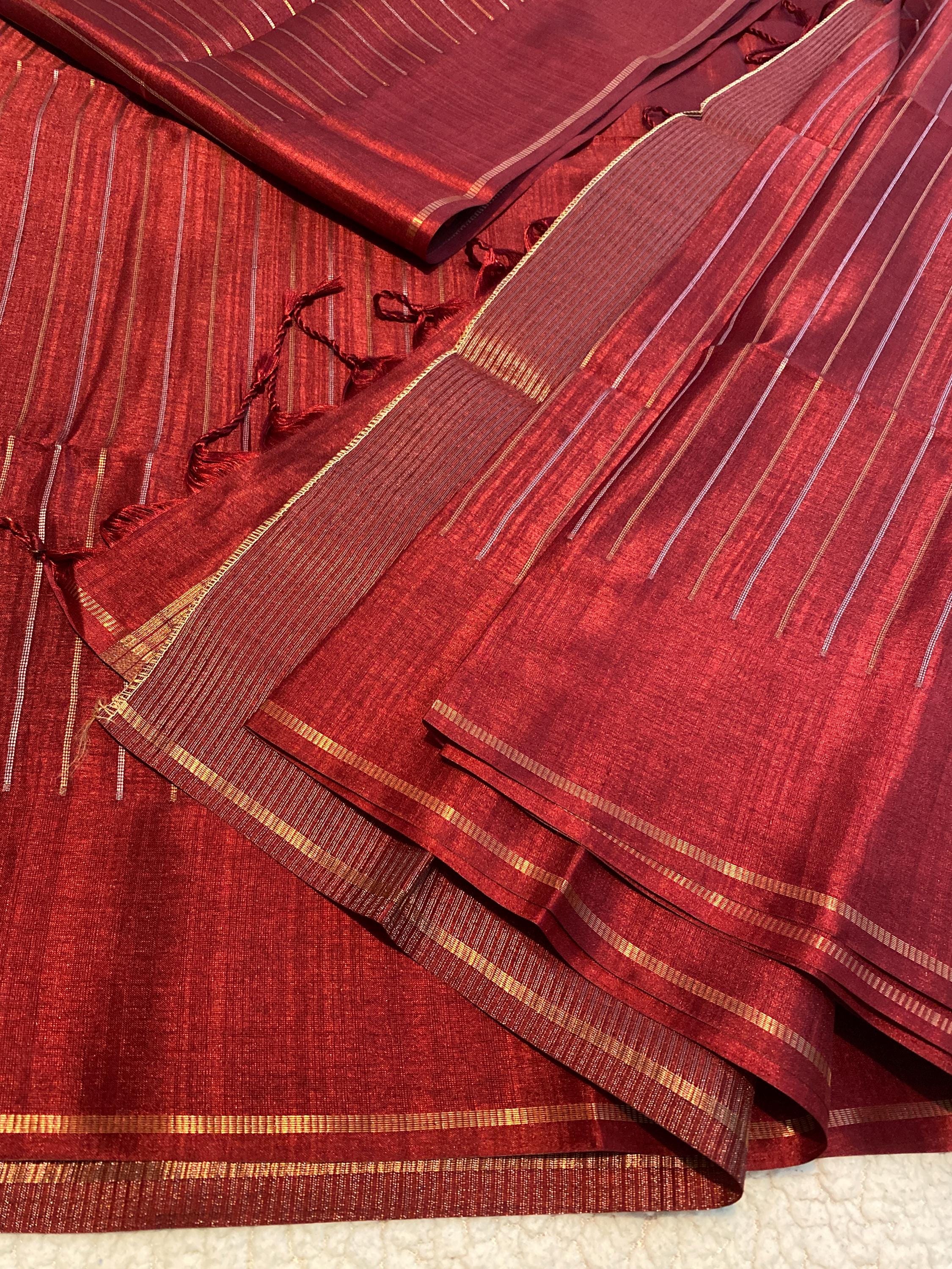 Premium Maroon Semi-Tussar Silk Saree  | Silver & Gold Zari Vaira Oosi Weaving