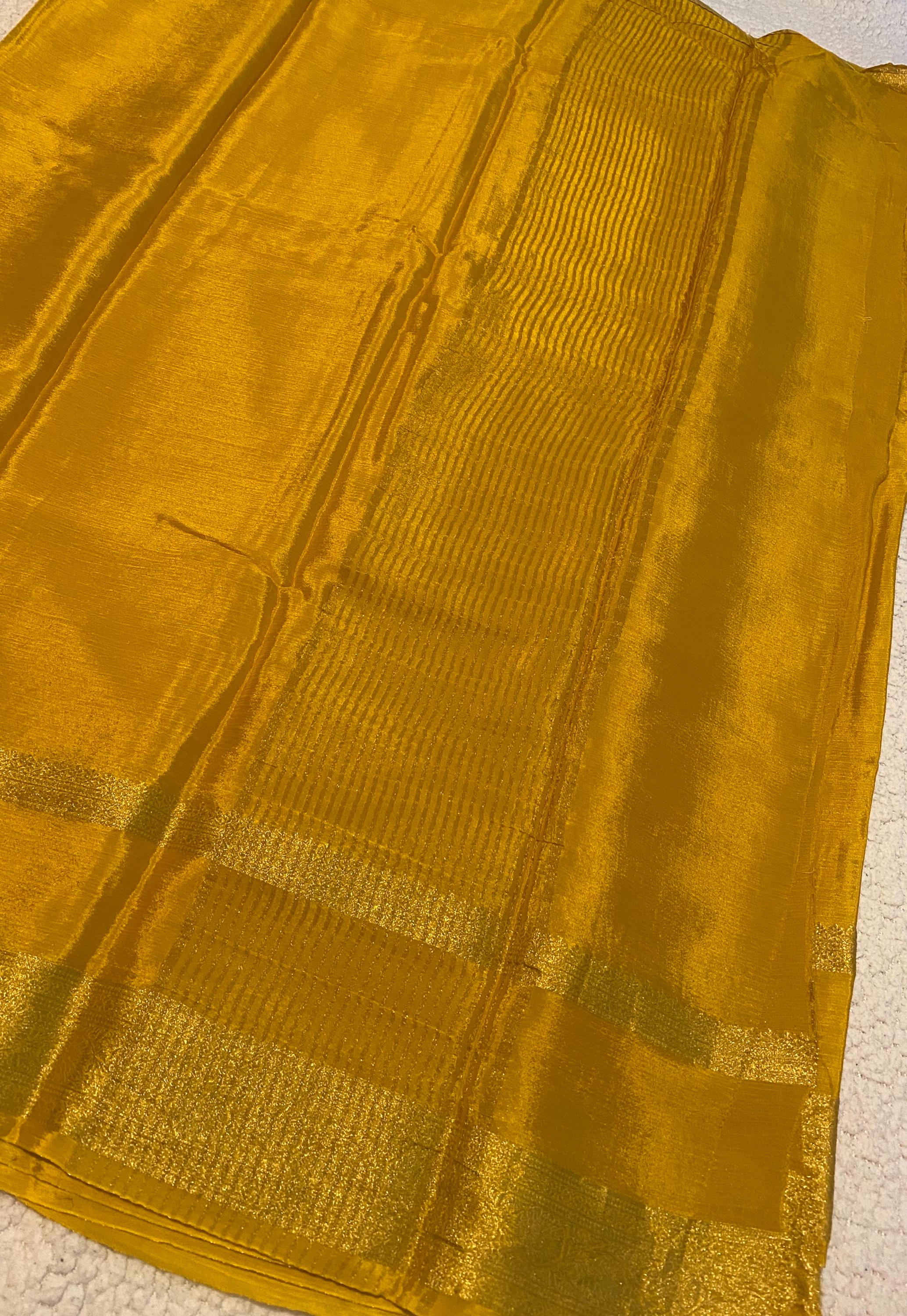 Mustard Satin Crush Saree with Floral Blouse