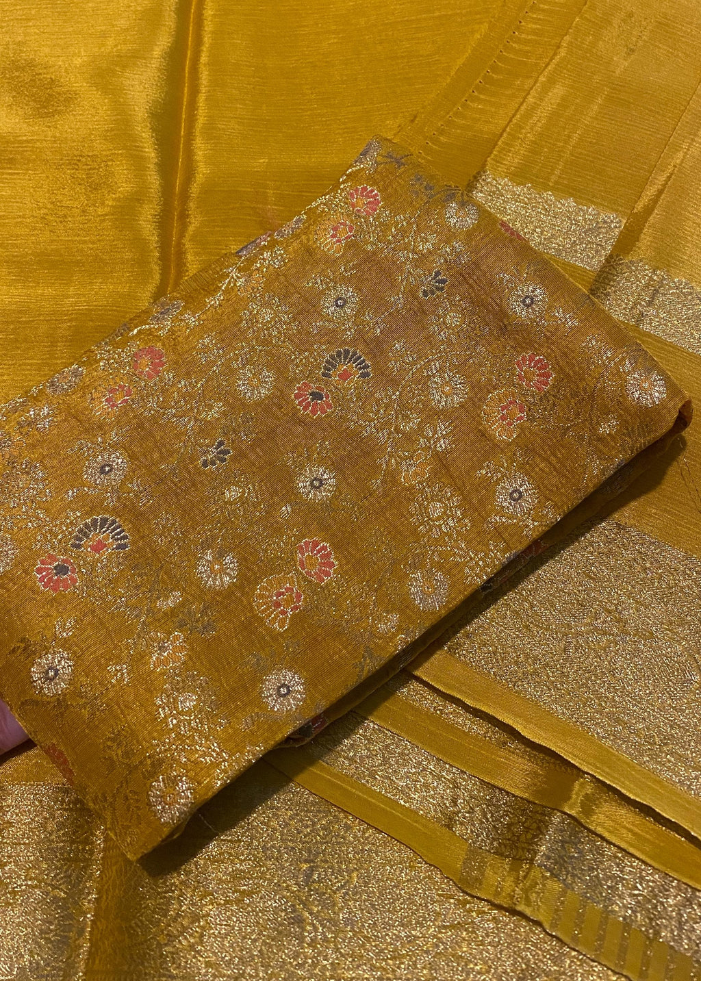 Mustard Satin Crush Saree with Floral Blouse