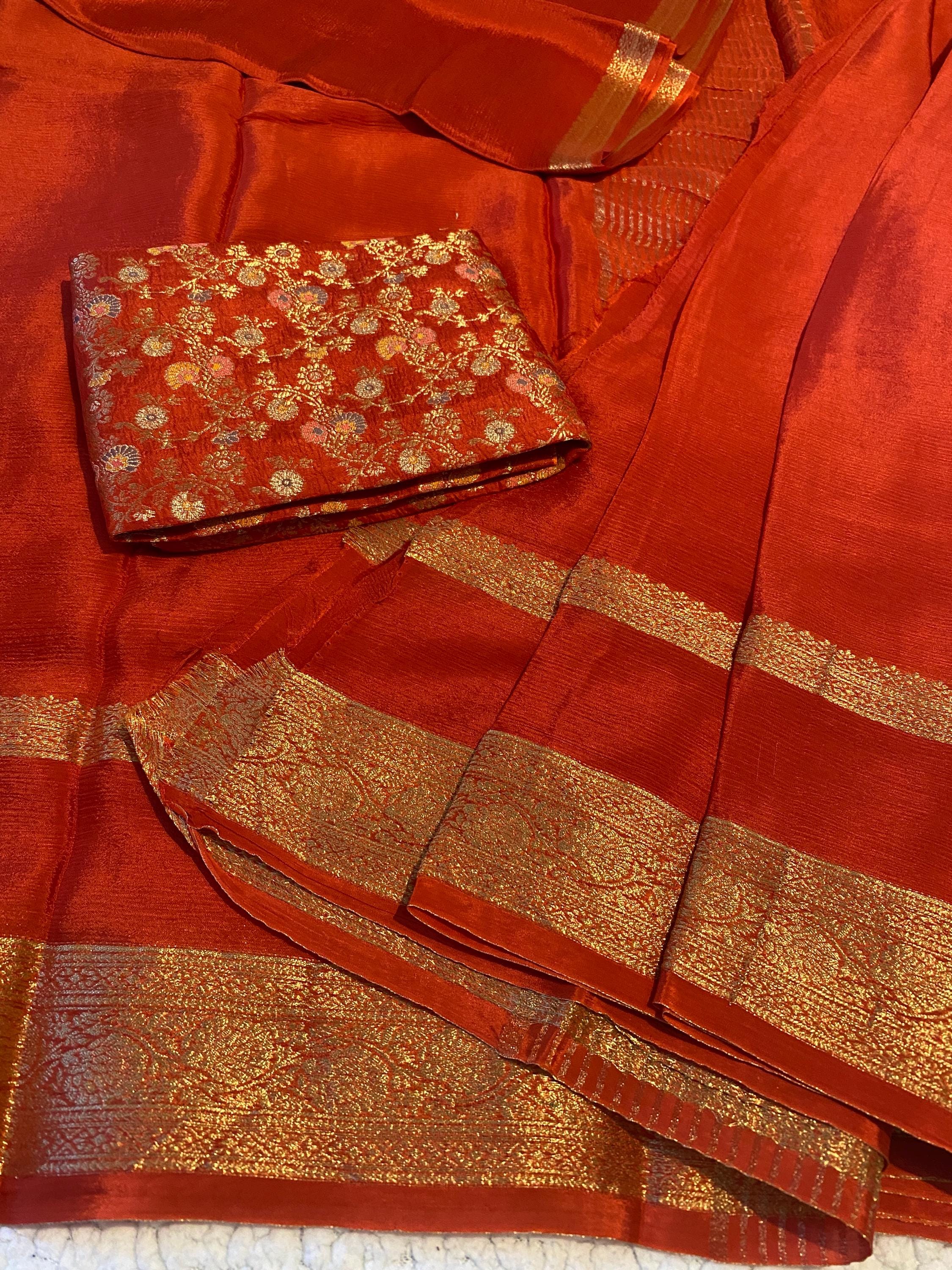 Reddish Orange Satin Crush Saree with Floral Blouse
