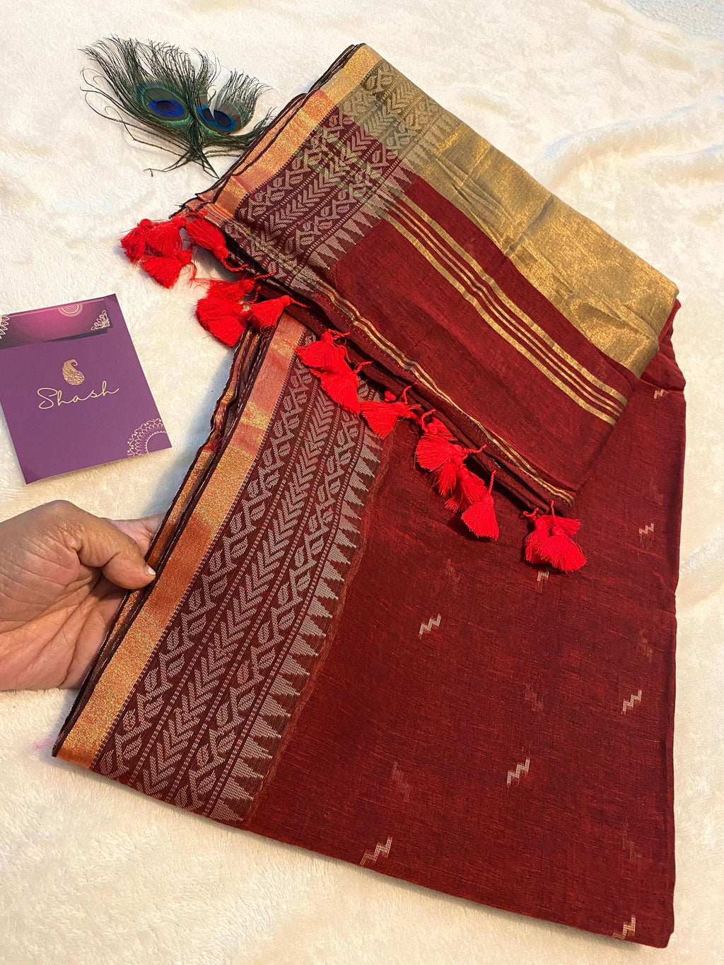 Rusty Maroon Cotton Saree with Subtle Gold Border