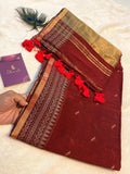 Rusty Maroon Cotton Saree with Subtle Gold Border