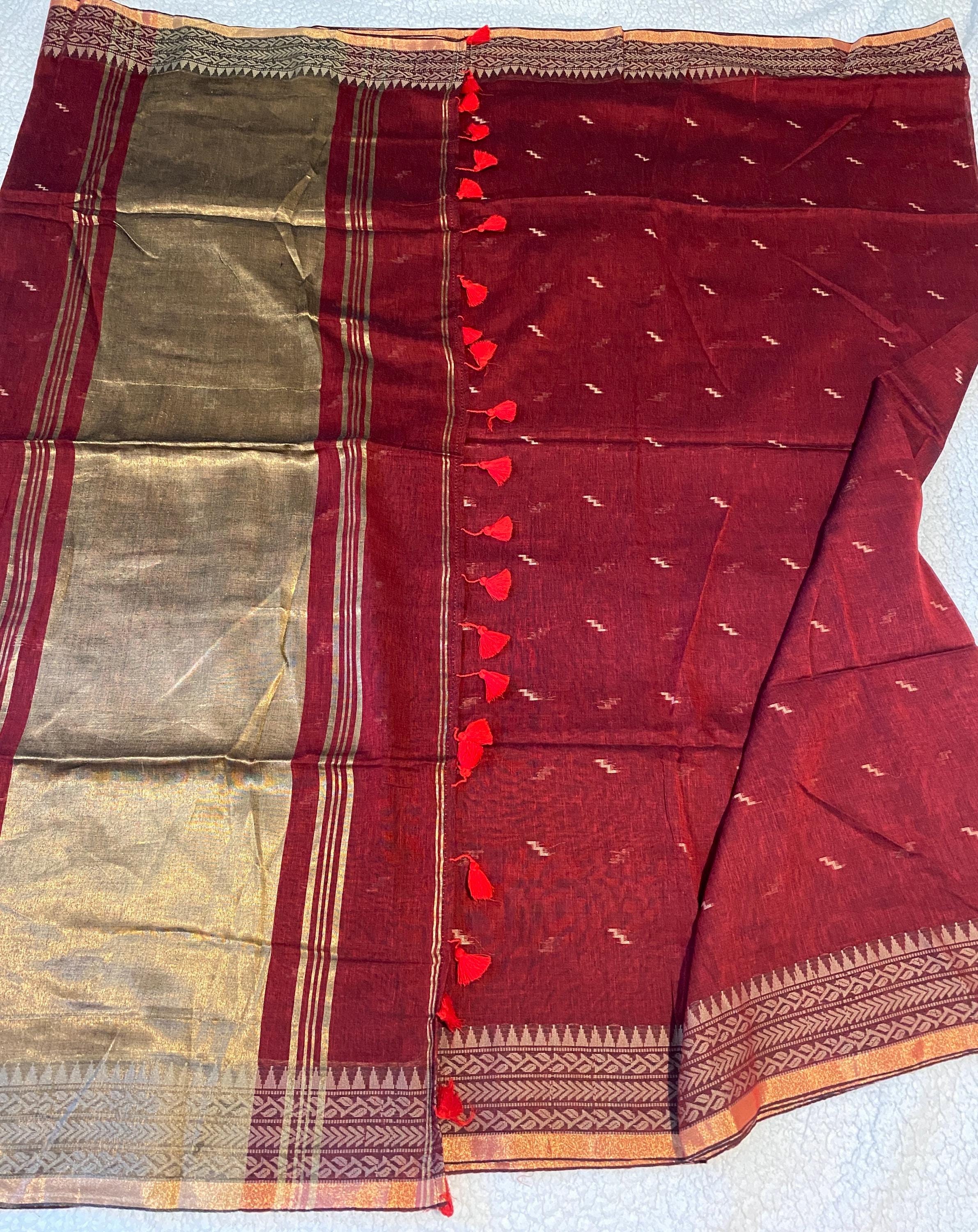 Rusty Maroon Cotton Saree with Subtle Gold Border
