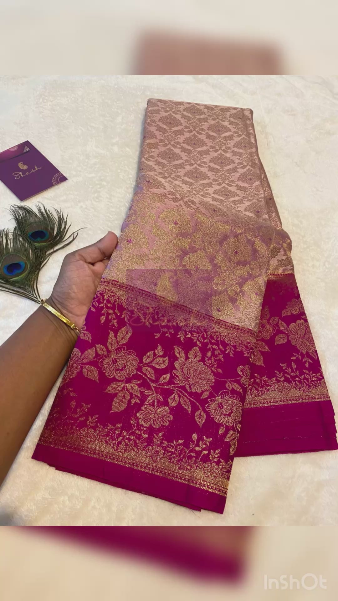 Blush Pink Premium Semi-Kanchipuram Silk Saree with Magenta Pink Floral Gold Zari Border & Pallu