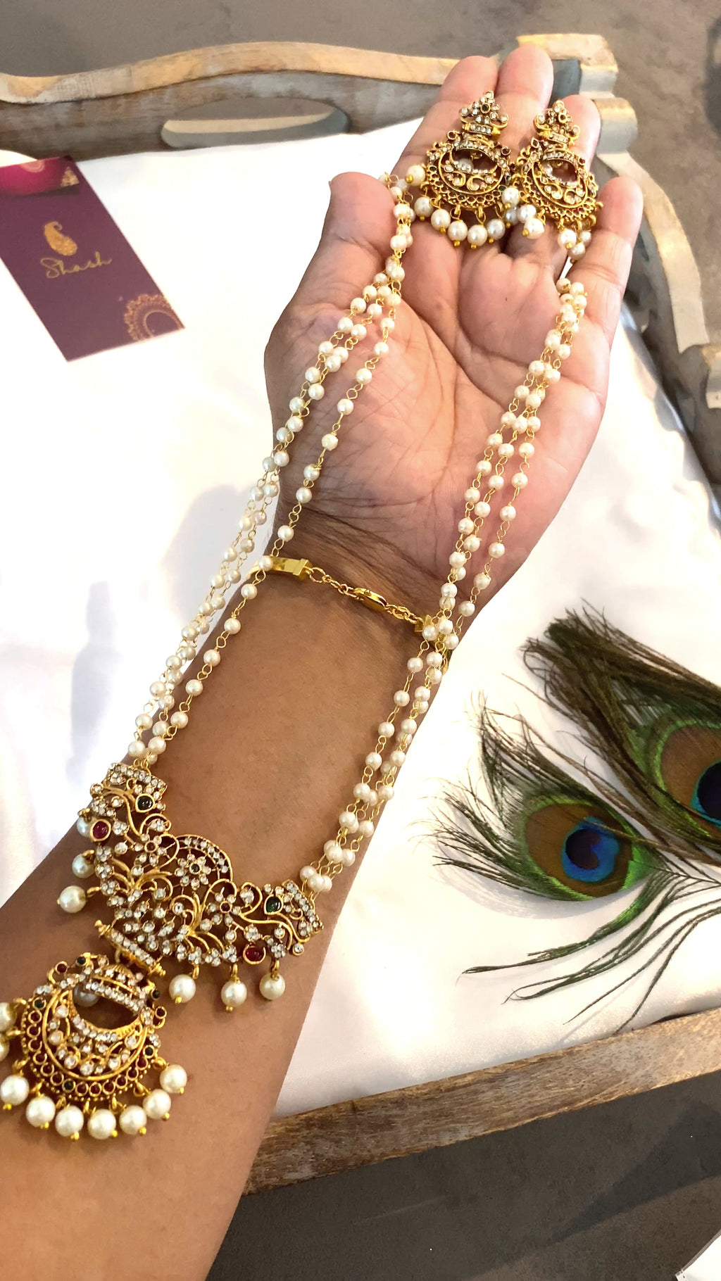 Pearl Design Long Haram Set | Floral Stone Pendant
