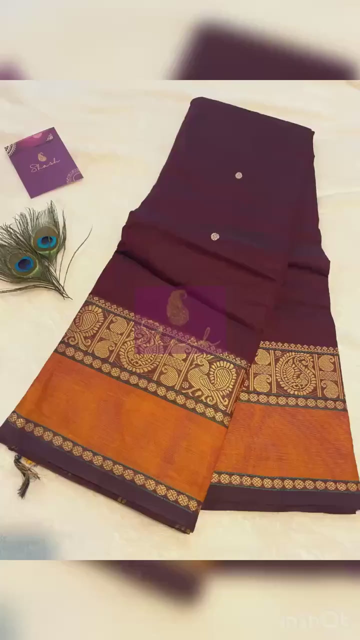 Pure Kanchi Cotton Saree – Dark Maroon with Mustard-Orange Border | Traditional Indian Saree | Festive & Everyday Wear | UK Seller