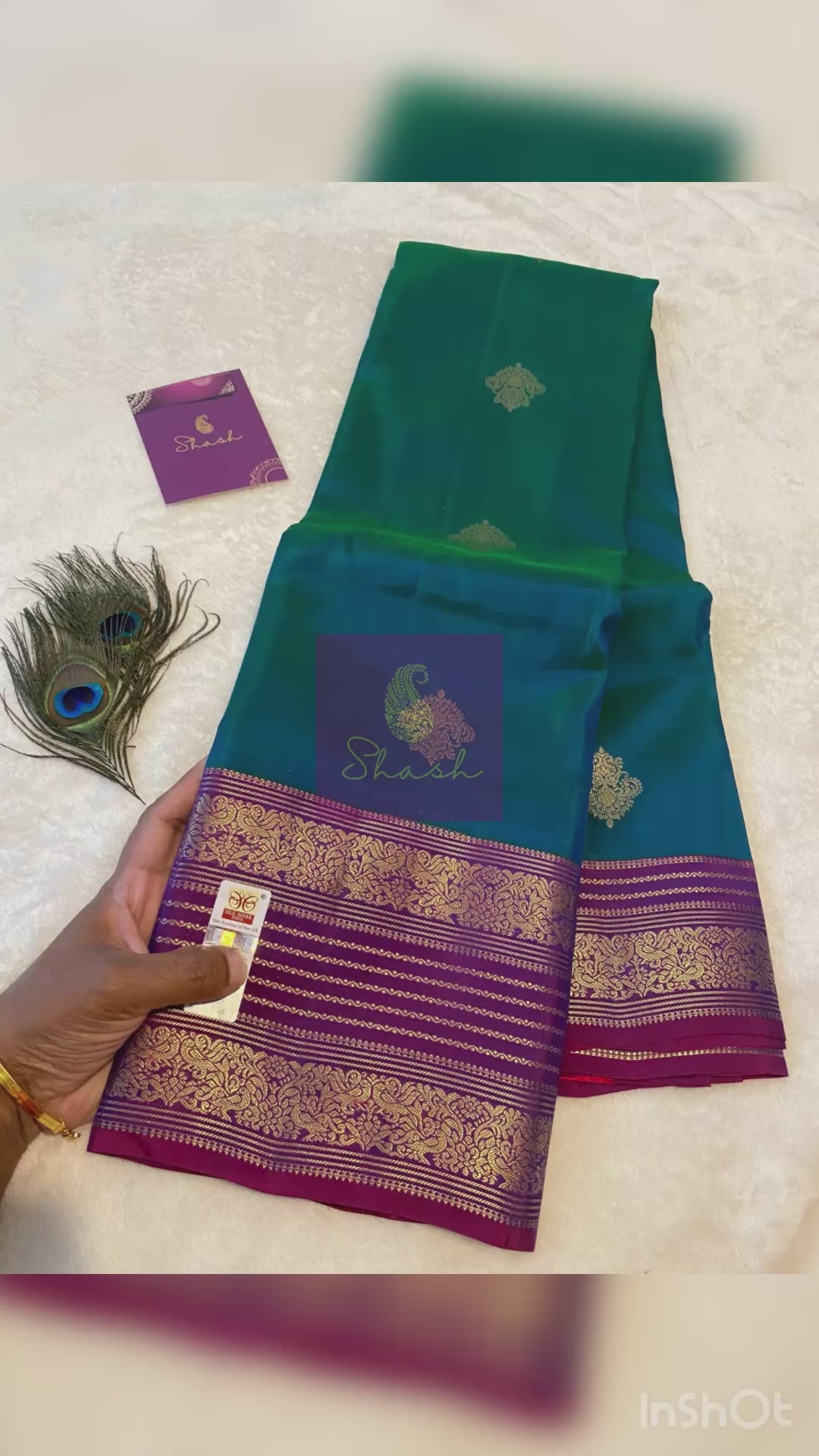 Pure Kanchipuram Silk Saree in Peacock Blue with Contrast Purple Zari Border | Silk Mark Certified