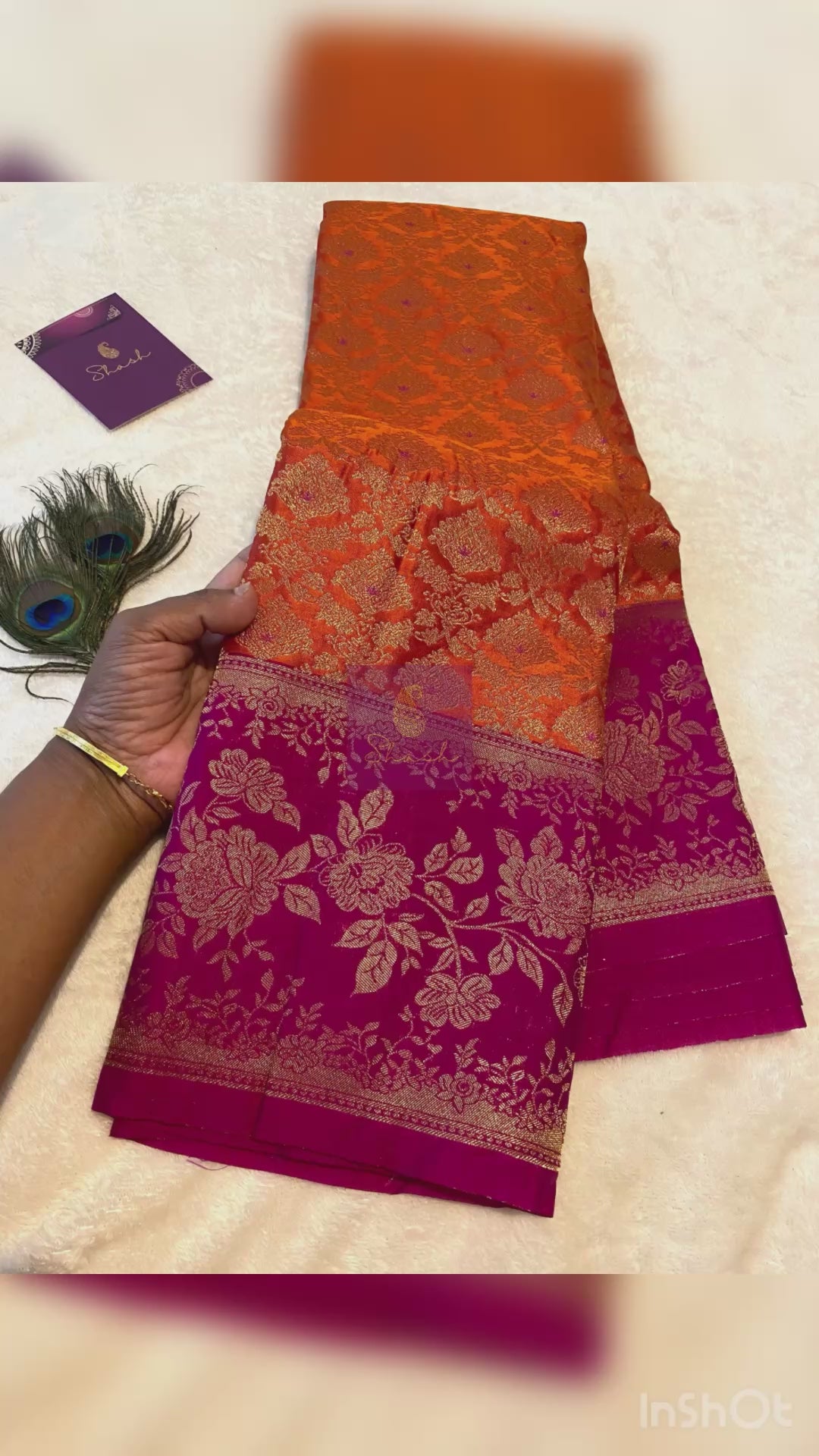 Premium Semi-Kanchipuram Silk Saree in Orange with Magenta Pink Floral Gold Zari Border & Pallu
