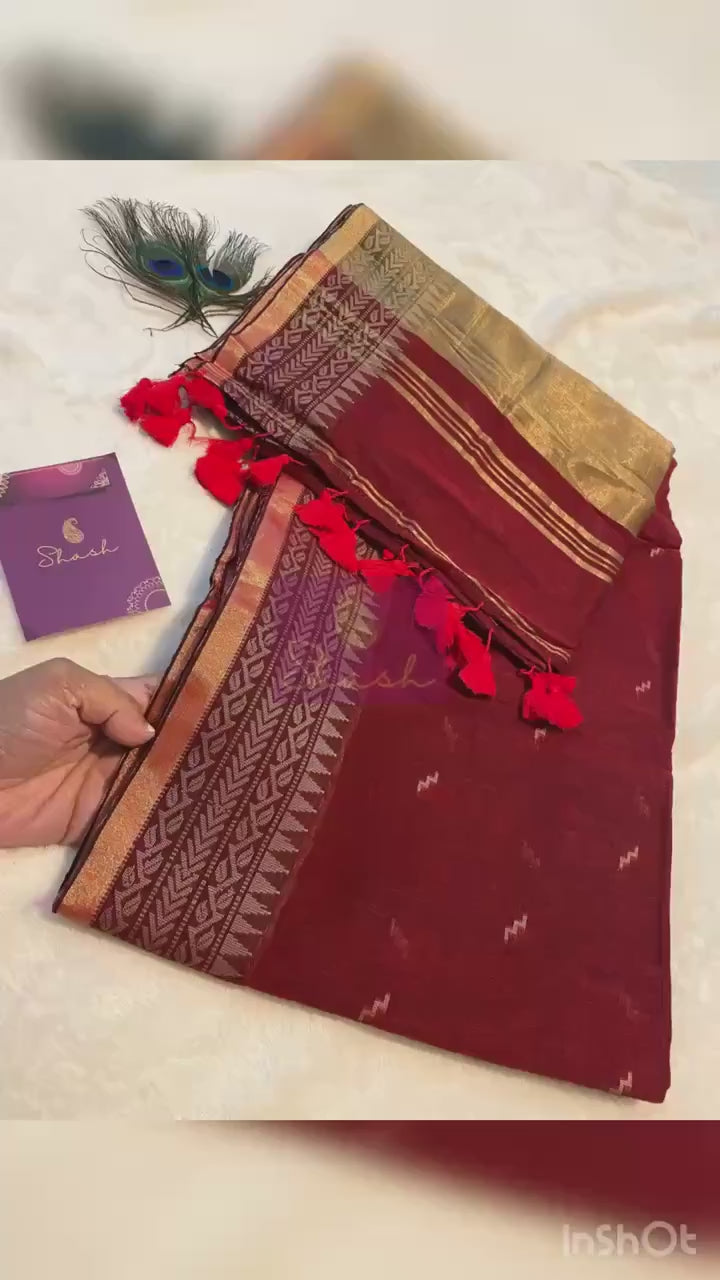 Rusty Maroon Cotton Saree with Subtle Gold Border