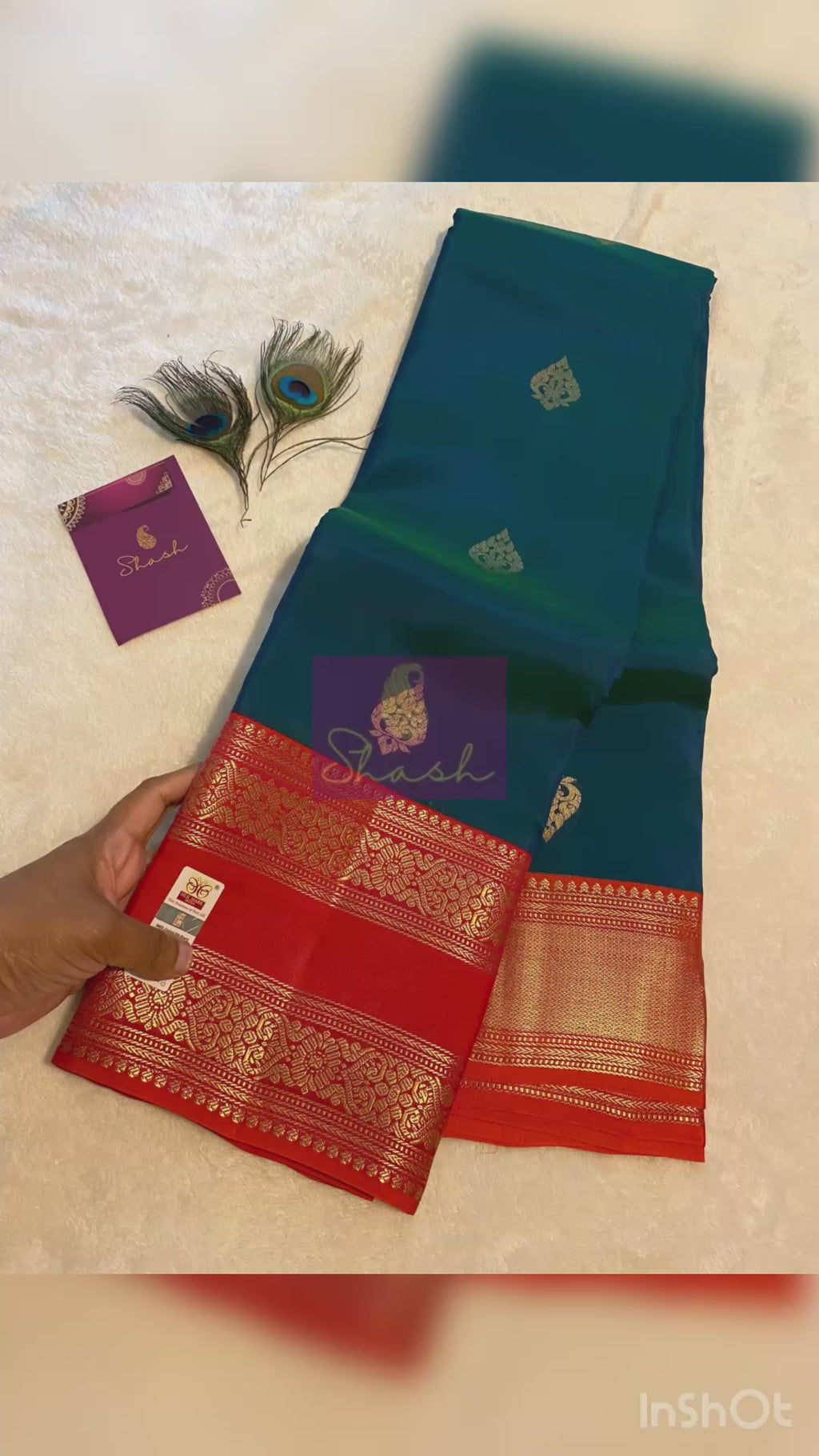Pure Kanchipuram Silk Saree | Peacock Blue with Vibrant Reddish-Orange Zari Border