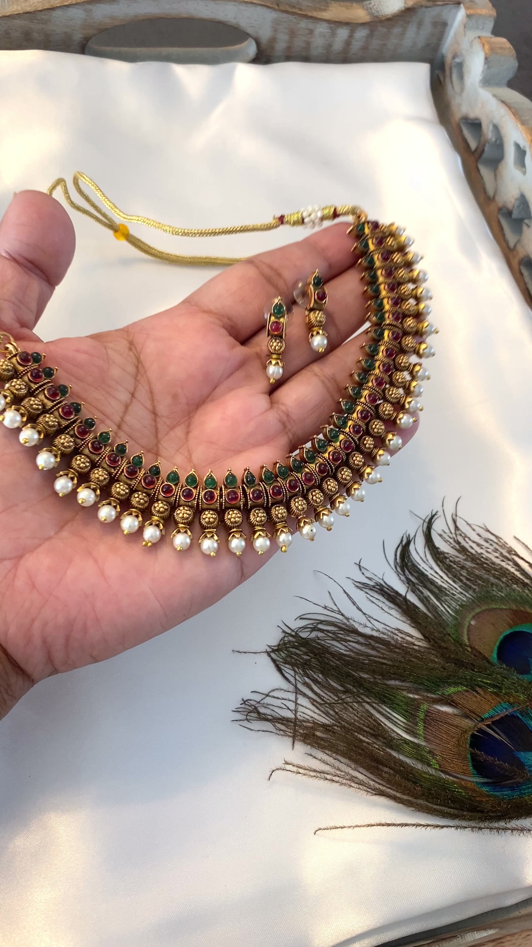 Ruby & Green Necklace Set | Traditional South Indian Jewelry | Antique Gold-Tone Necklace & Earrings