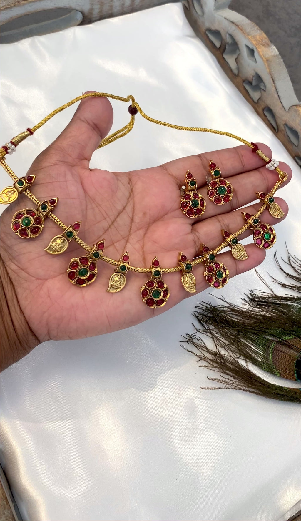 Antique Gold-Tone Ruby & Green Temple-Style Necklace Set