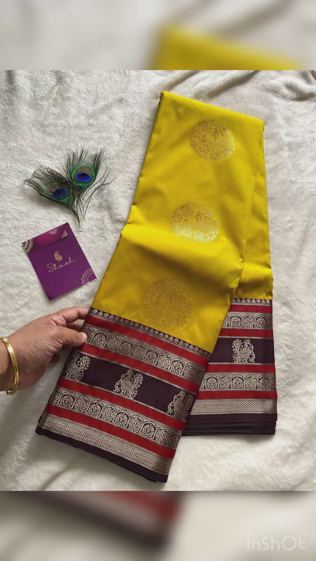 Golden Yellow & Deep Plum Semi-Kanchipuram Silk Saree with Peacock Zari Motifs